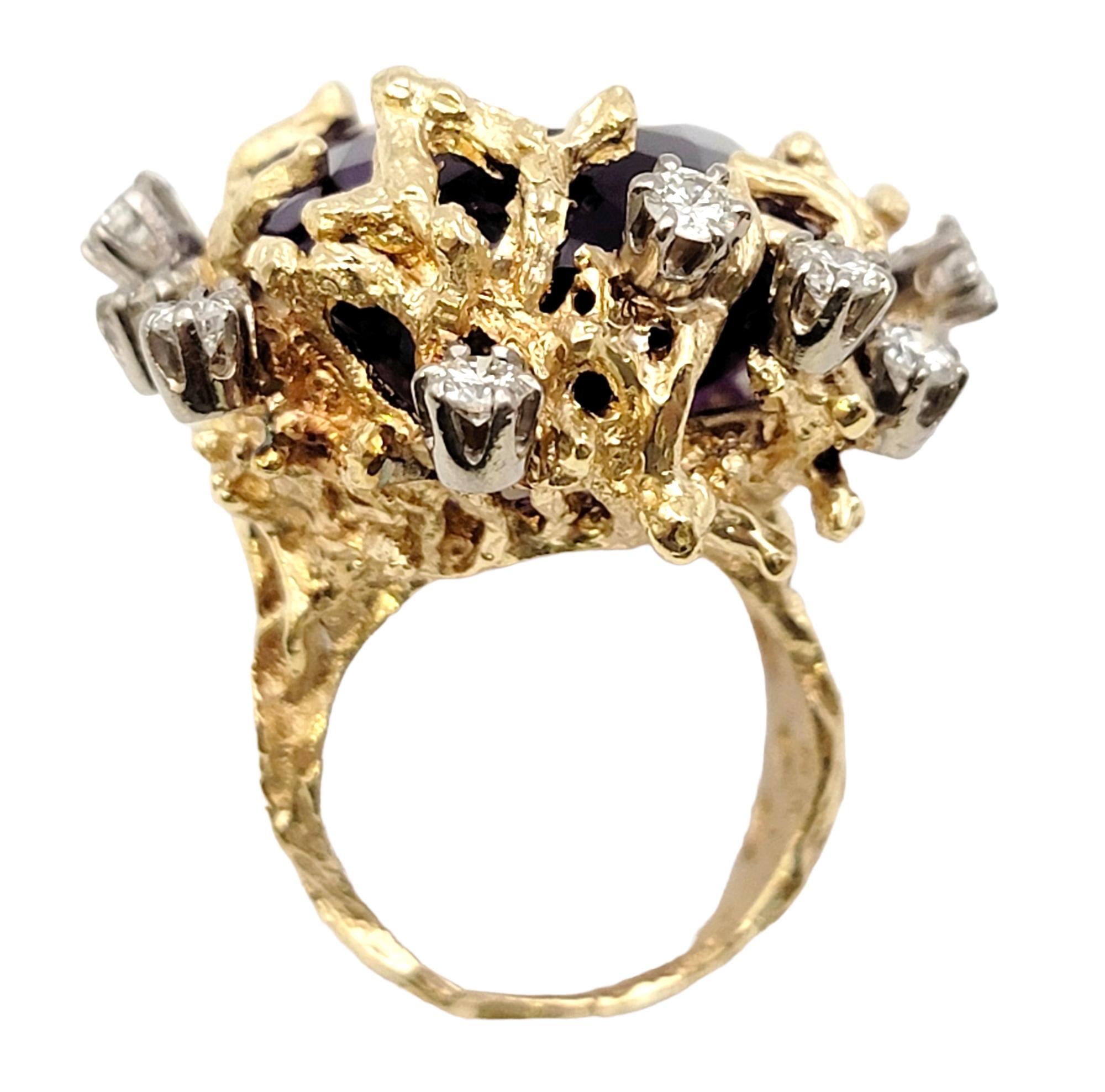 Bold Large Oval Amethyst and Diamond Ring in 14 Karat Gold Coral Motif Design For Sale 3