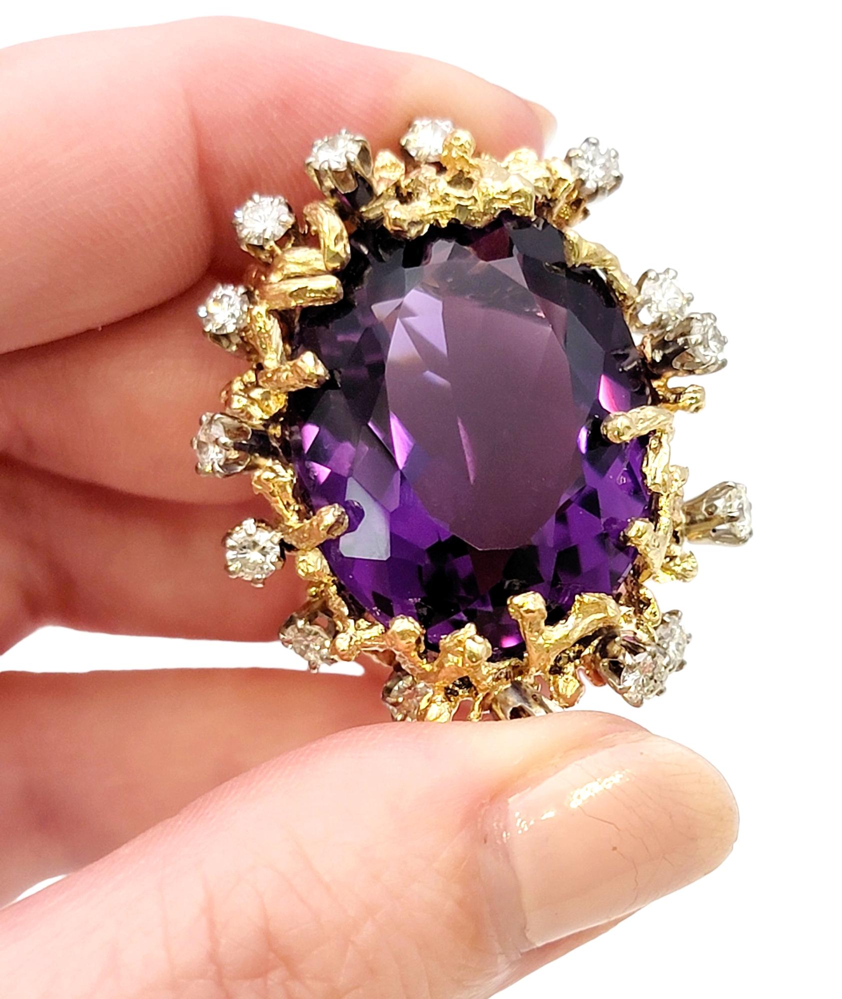 Bold Large Oval Amethyst and Diamond Ring in 14 Karat Gold Coral Motif Design For Sale 5