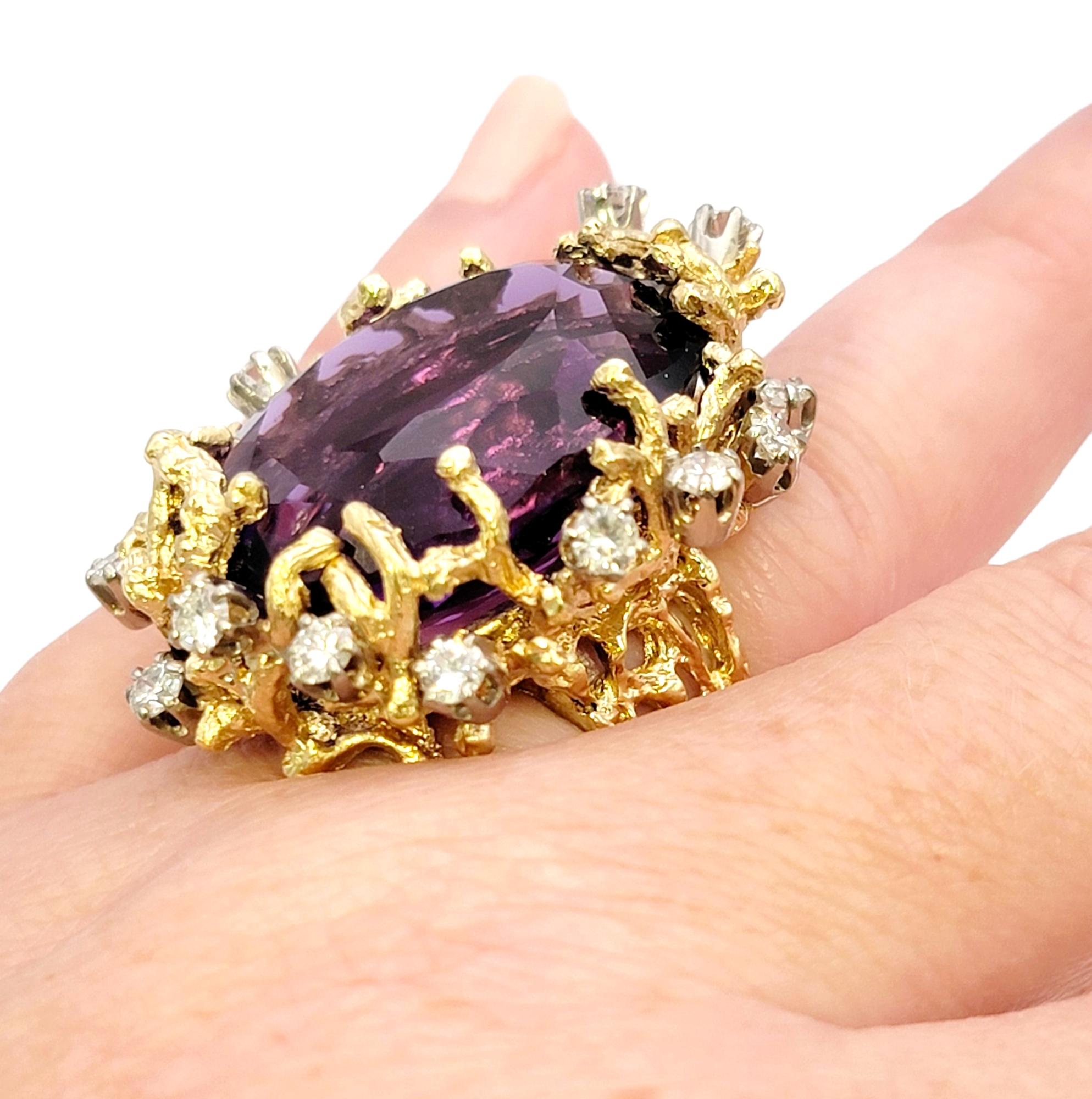 Bold Large Oval Amethyst and Diamond Ring in 14 Karat Gold Coral Motif Design For Sale 8