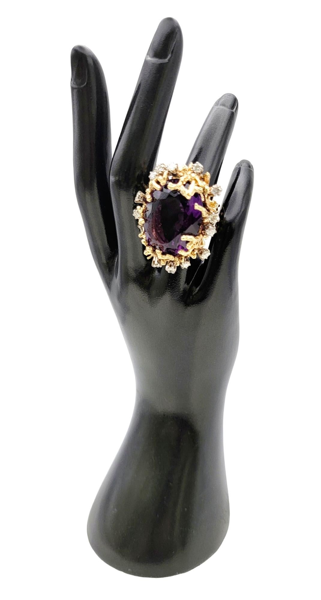 Bold Large Oval Amethyst and Diamond Ring in 14 Karat Gold Coral Motif Design For Sale 9