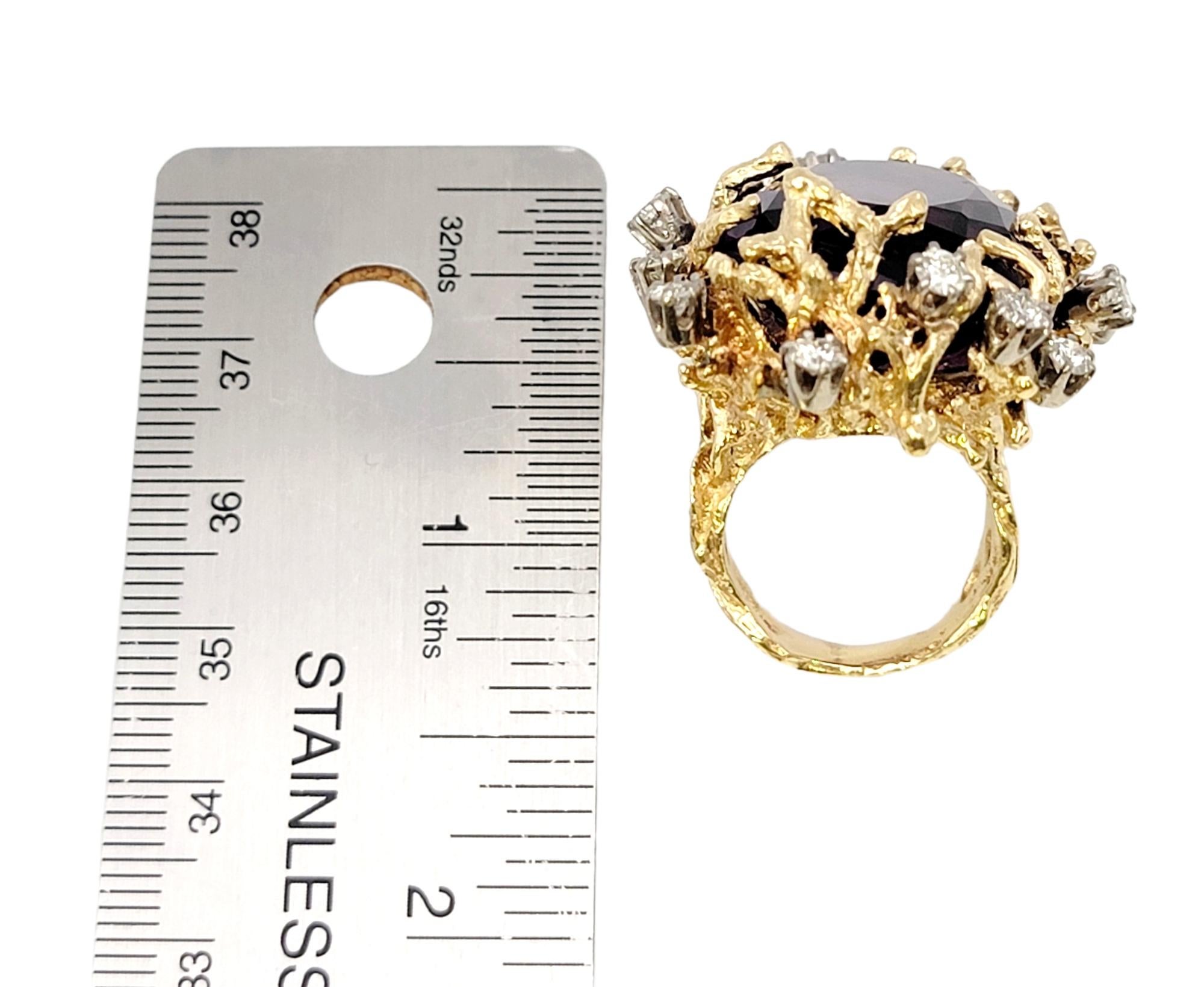 Bold Large Oval Amethyst and Diamond Ring in 14 Karat Gold Coral Motif Design For Sale 10
