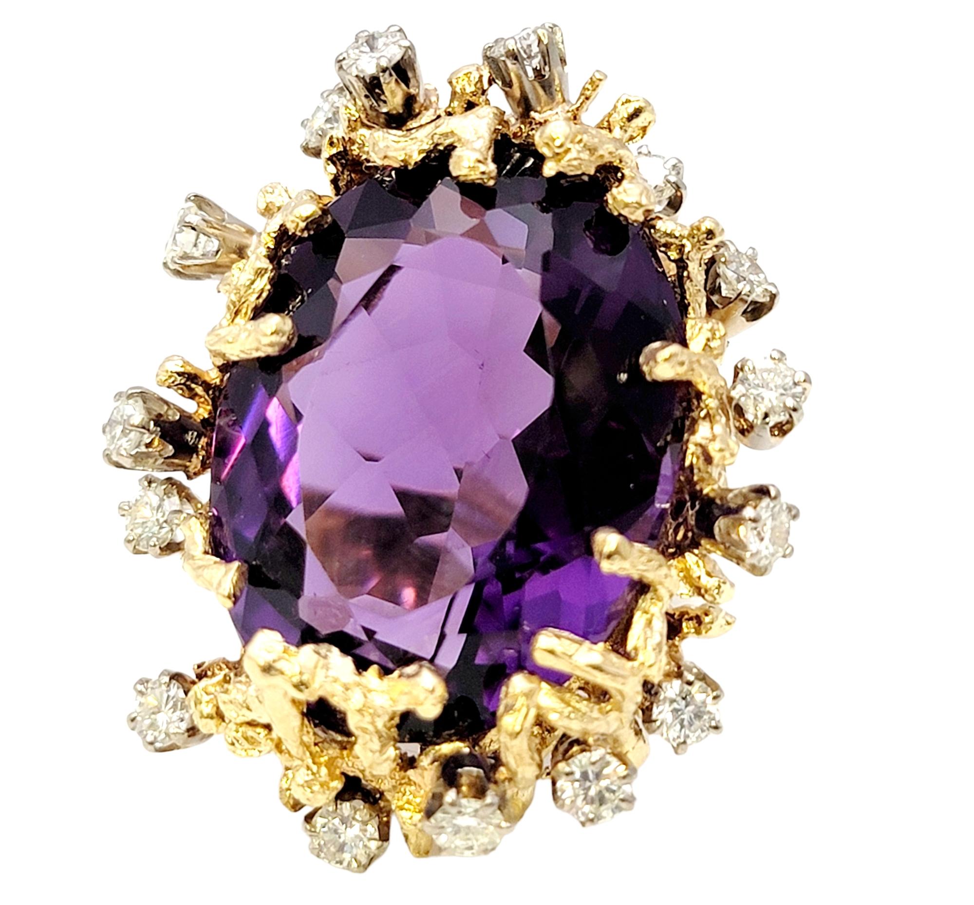 Ring size: 6

This striking, colorful cocktail ring has all the wow factor you've been looking for! Massive in both size and color, this exceptional piece will not go unnoticed. 

The stunning oval brilliant cut natural amethyst stone is an