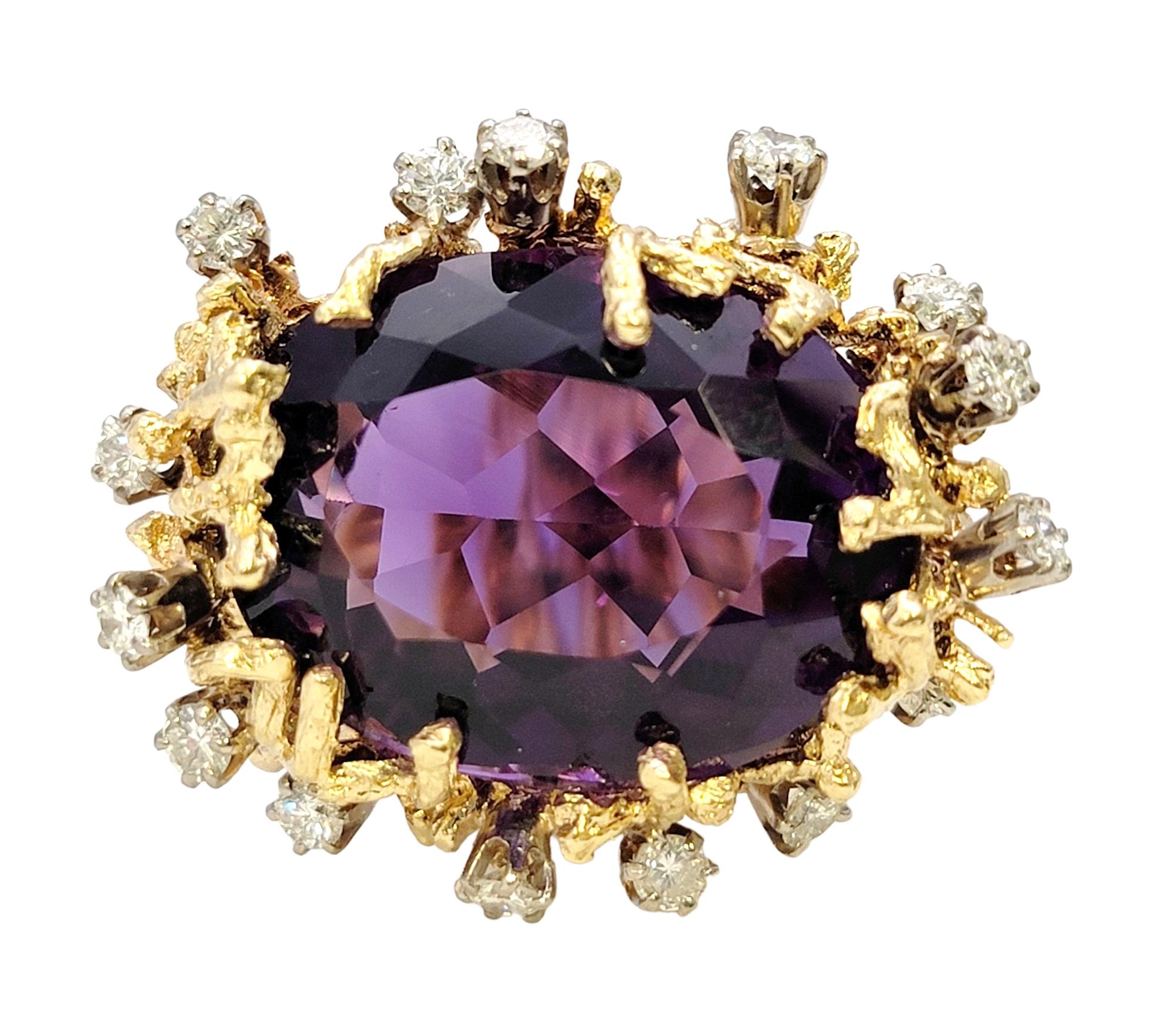 Contemporary Bold Large Oval Amethyst and Diamond Ring in 14 Karat Gold Coral Motif Design For Sale