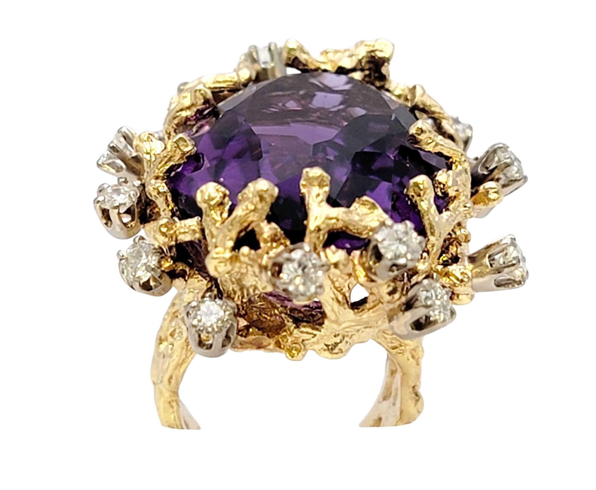 Oval Cut Bold Large Oval Amethyst and Diamond Ring in 14 Karat Gold Coral Motif Design For Sale