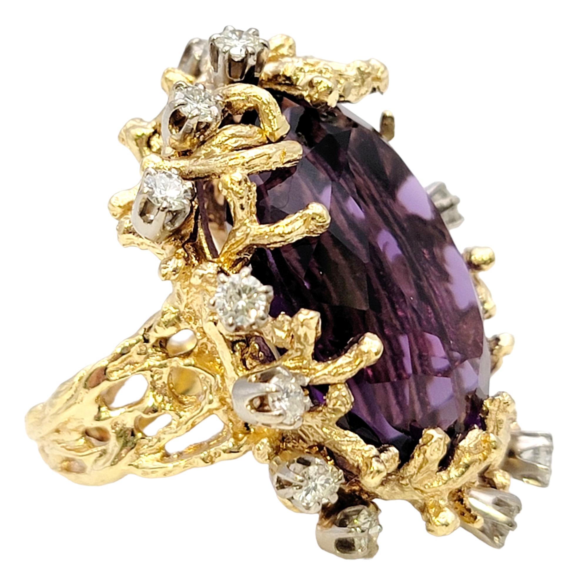 Bold Large Oval Amethyst and Diamond Ring in 14 Karat Gold Coral Motif Design In Excellent Condition For Sale In Scottsdale, AZ