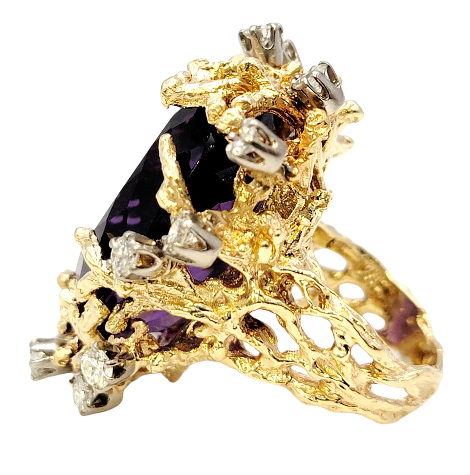 Women's Bold Large Oval Amethyst and Diamond Ring in 14 Karat Gold Coral Motif Design For Sale