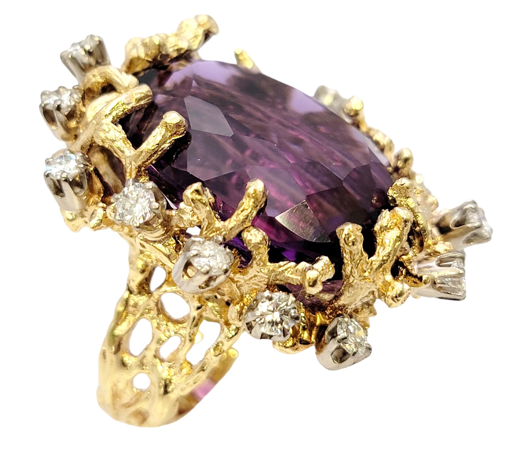 Bold Large Oval Amethyst and Diamond Ring in 14 Karat Gold Coral Motif Design For Sale 1