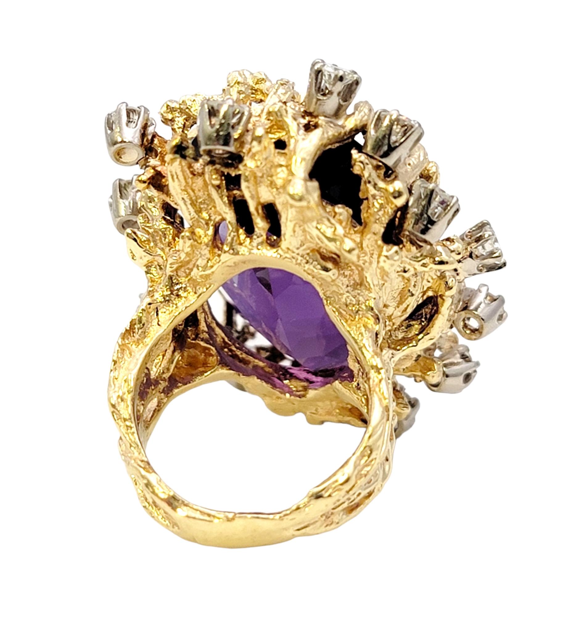 Bold Large Oval Amethyst and Diamond Ring in 14 Karat Gold Coral Motif Design For Sale 2