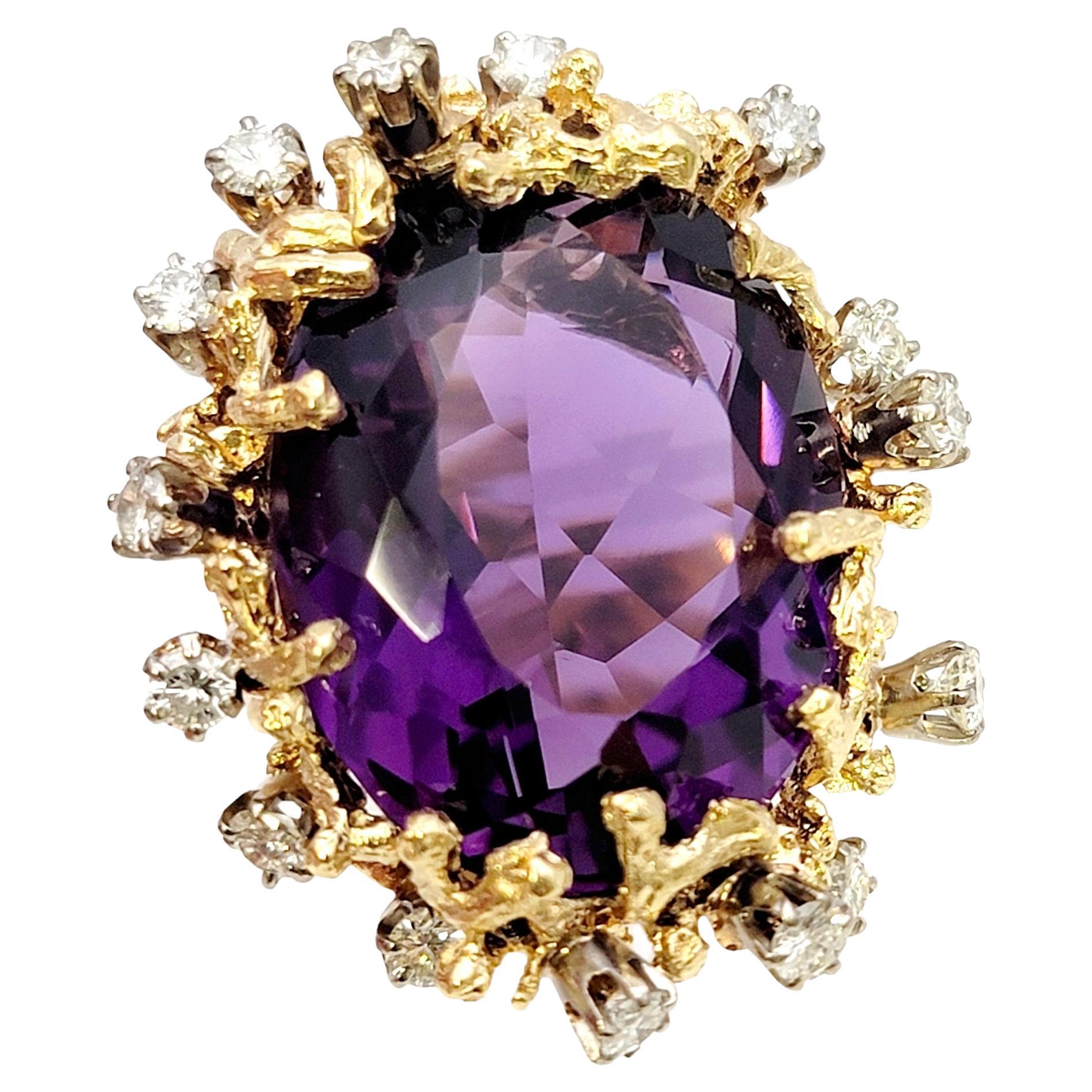 Bold Large Oval Amethyst and Diamond Ring in 14 Karat Gold Coral Motif Design For Sale
