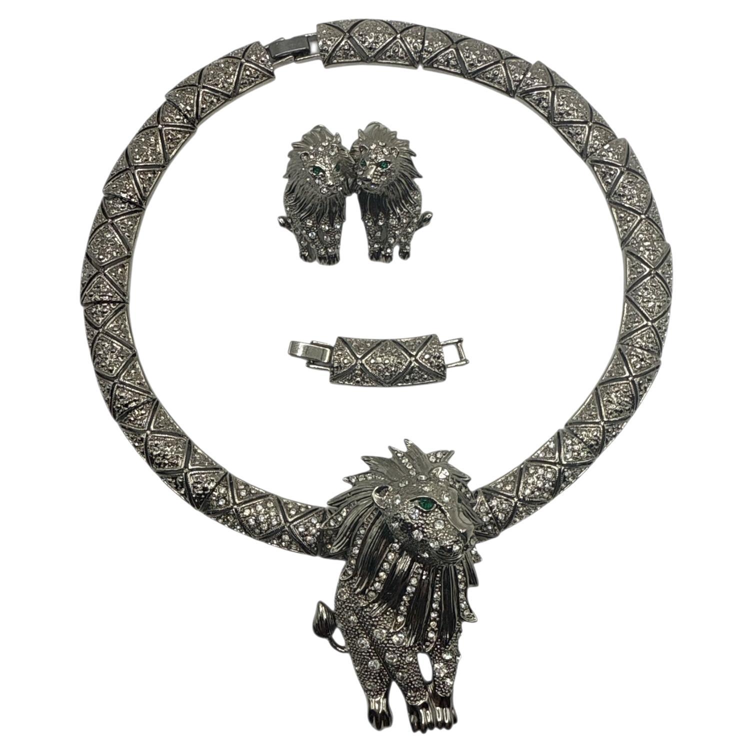 Bold Lion Head Necklace & Earring Set – Joan Rivers Style, Unsigned For Sale