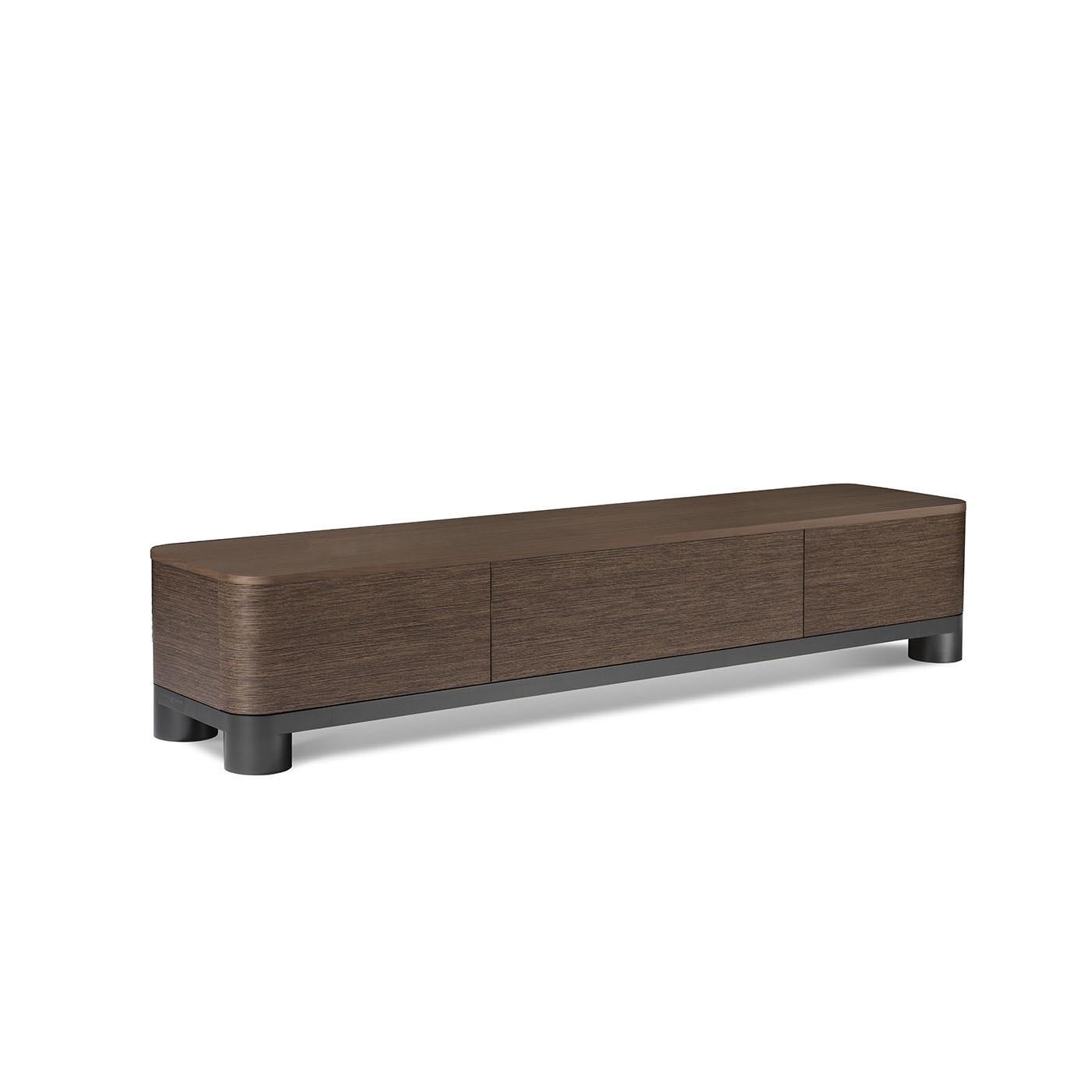 A modern interpretation of a classic design, this sideboard will make a timeless statement in any traditional or contemporary living room. Combining brass and wood, it rests on a black satin-finished base and a hand-finished wooden structure with a