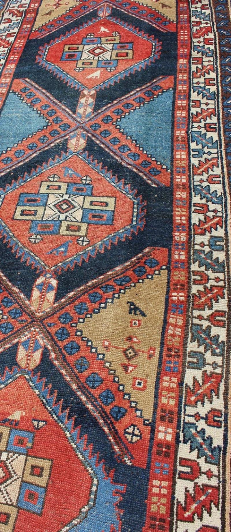 Bold Medallion Design Antique Persian Heriz Runner in Red and Blue Tones For Sale 4