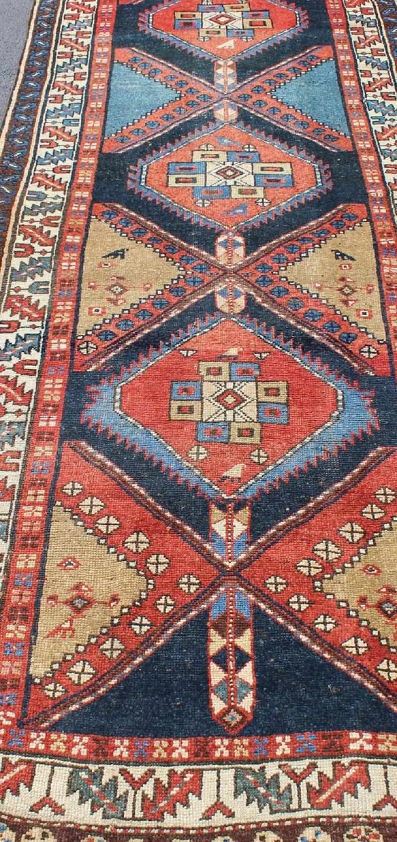 Bold Medallion Design Antique Persian Heriz Runner in Red and Blue Tones For Sale 5