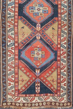 Bold Medallion Design Antique Persian Heriz Runner in Red and Blue Tones