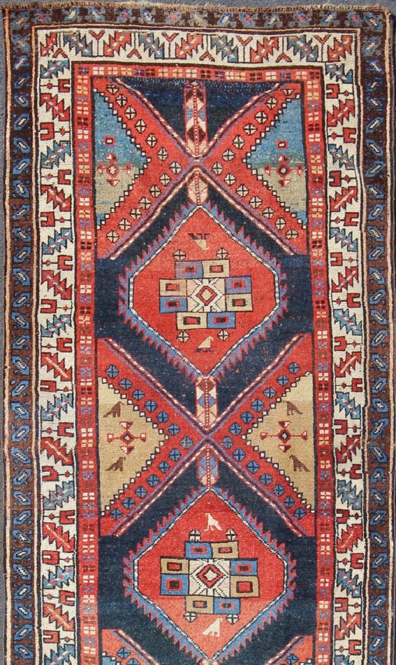 Hand-Knotted Bold Medallion Design Antique Persian Heriz Runner in Red and Blue Tones For Sale