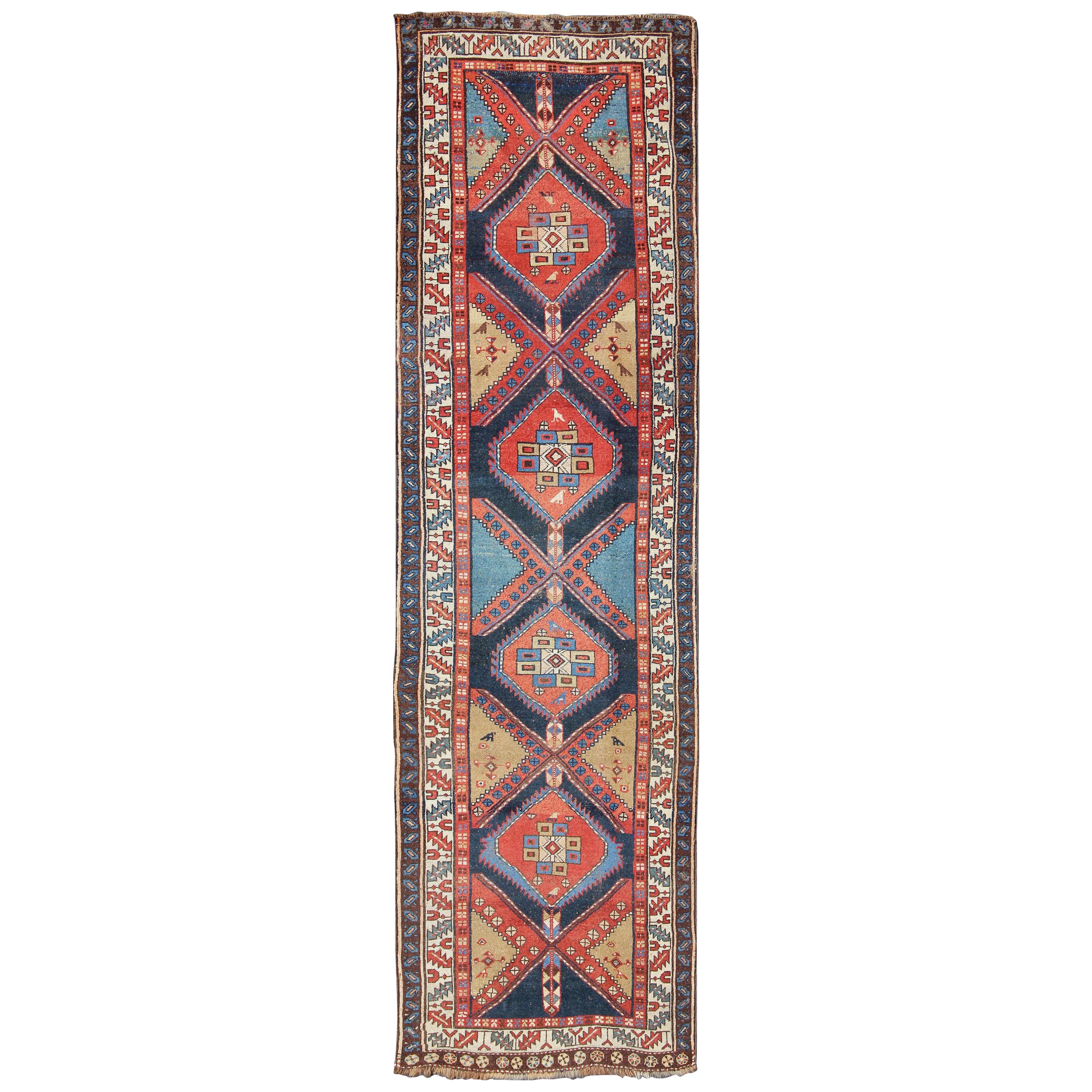 Bold Medallion Design Antique Persian Heriz Runner in Red and Blue Tones For Sale