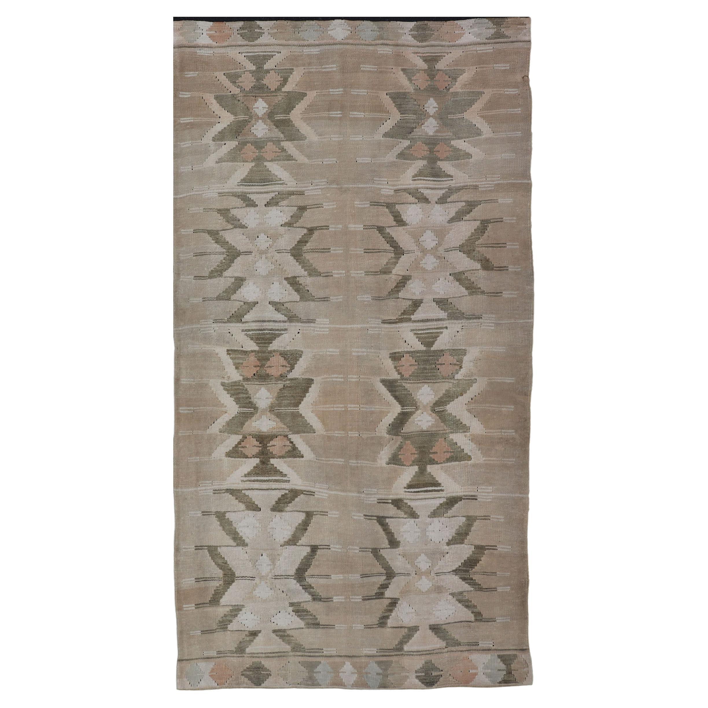 Bold Medallion Design Turkish Flat Weave Kilim Rug With Earthy Tones and Green 