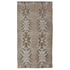 Vintage Bold Medallion Design Turkish Flat Weave Kilim Rug With Earthy Tones and Green 
