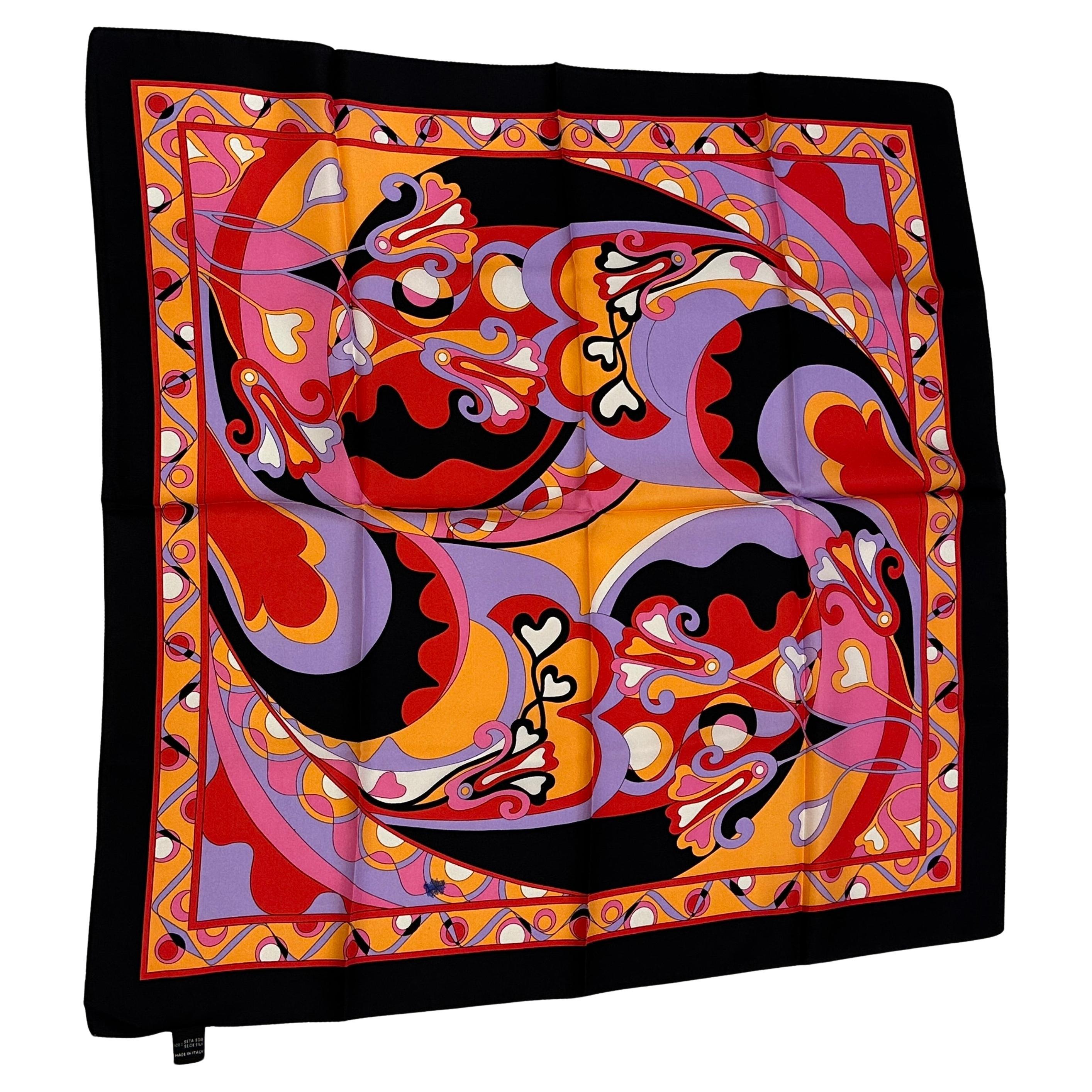Bold Multi-Color Whimsical "Pucci Theme" With Black Borders Silk Scarf For Sale