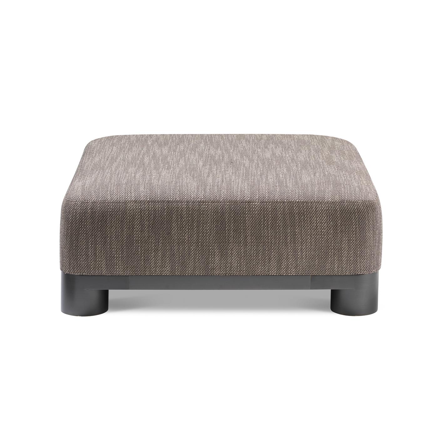 This understated yet refined ottoman is truly an elegant piece of contemporary design. Part of the Bold Collection, it showcases a sleek square-shape and opaque black satin-finished brass base with classic round feet, along with a comfortably padded