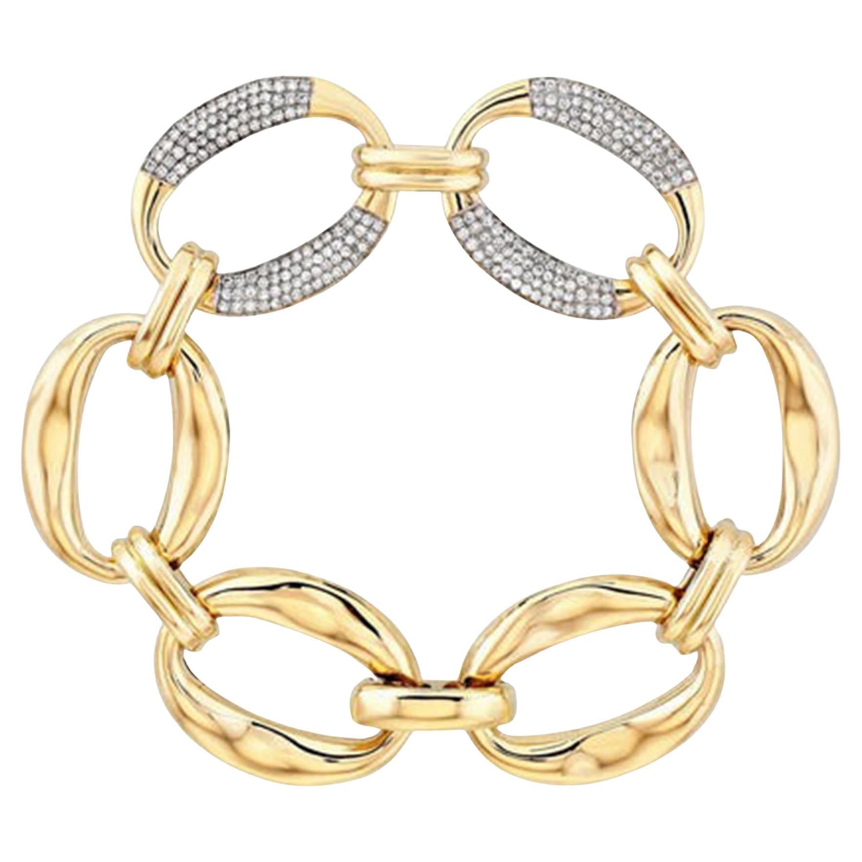 Bold Oval Link 14K (or 18k upon request) Yellow Gold Pave Bracelet For Sale