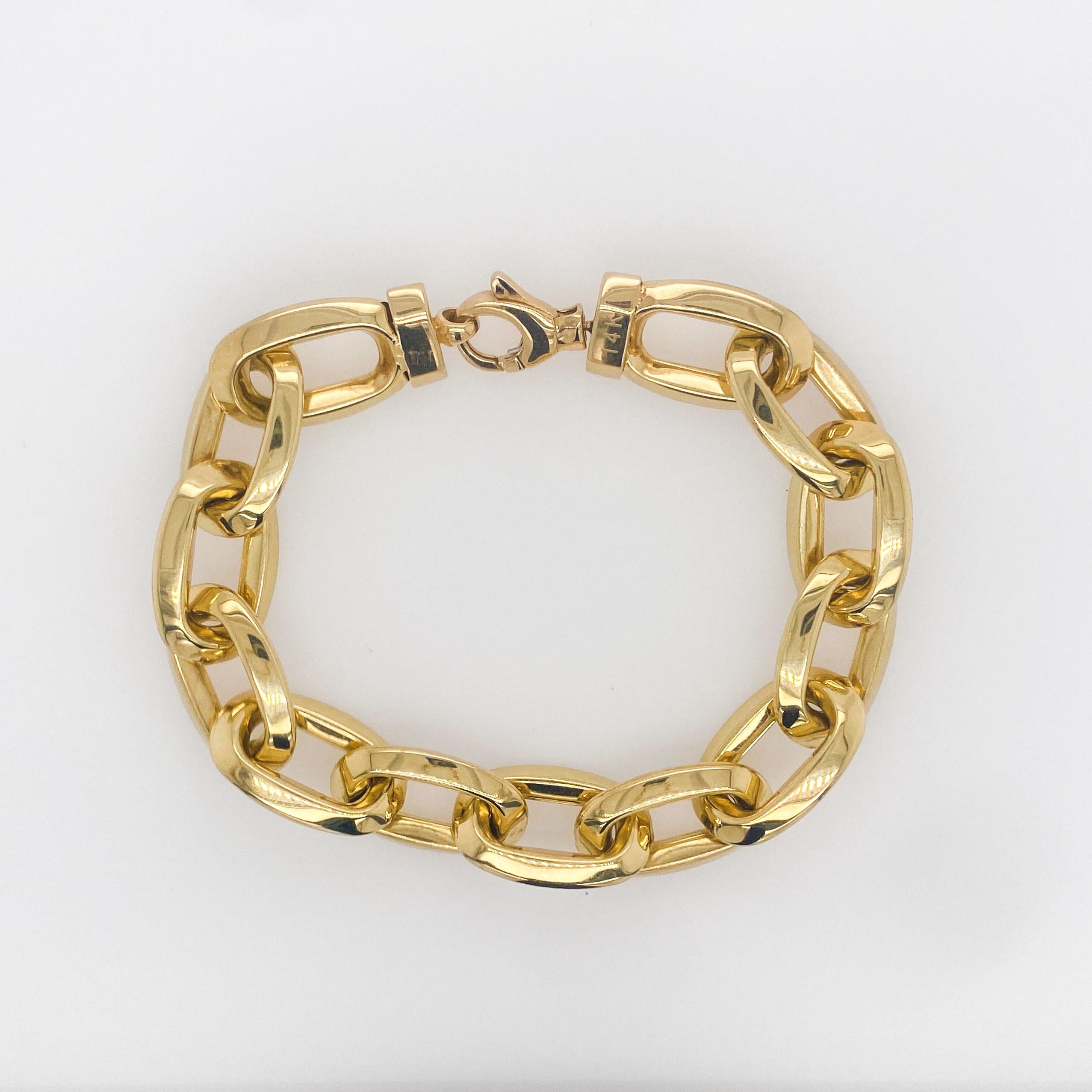 The latest fine jewelry trend! This 14K yellow gold bracelet matches everything and is the perfect addition to any outfit, casual or formal. This is the latest design for us-bold and lovely on any wrist. This bracelet would make the perfect gift got