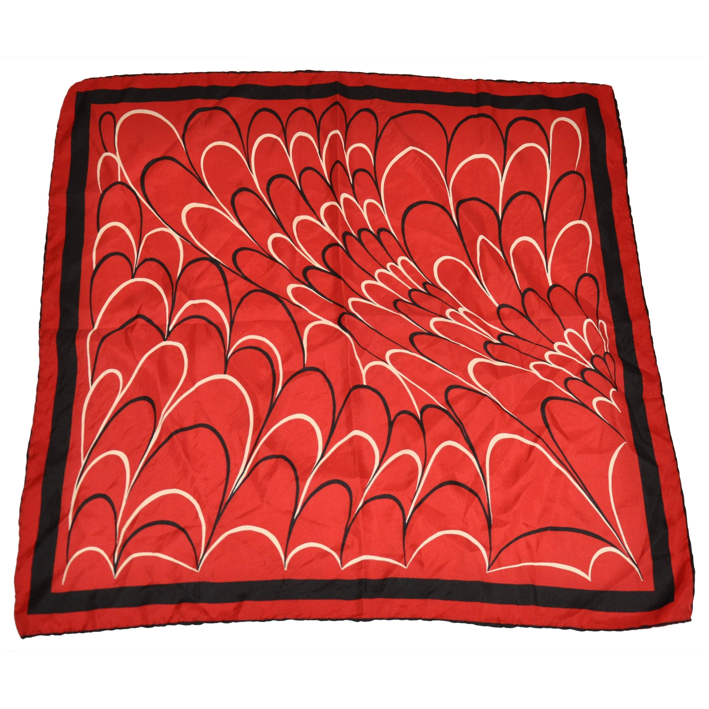 Bold Red, Black & Ivory "Multi Feathers" Silk Scarf