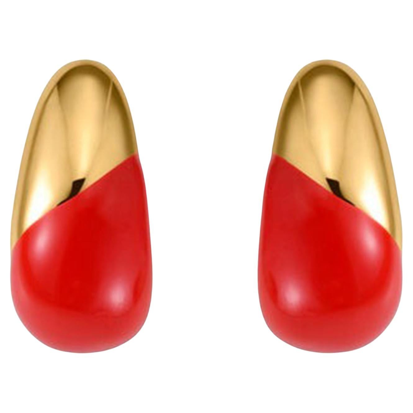 Bold Red Enamel 14K (or 18k upon request) Yellow Gold Teardrop Stud Earrings For Sale