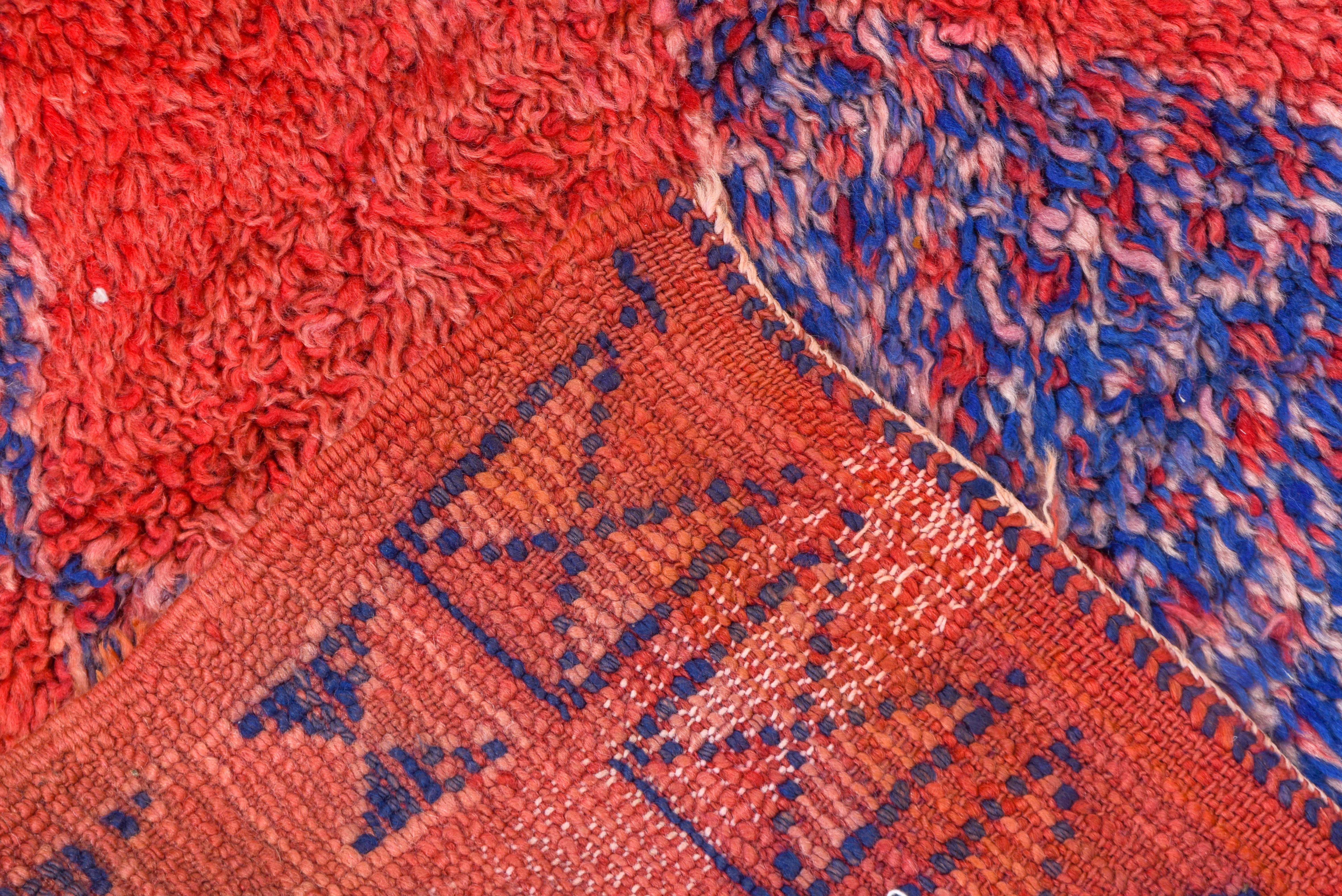 Hand-Knotted Bold Reg and Bright Navy Blue Diamond Pattern Moroccan Village Rug 1940s For Sale