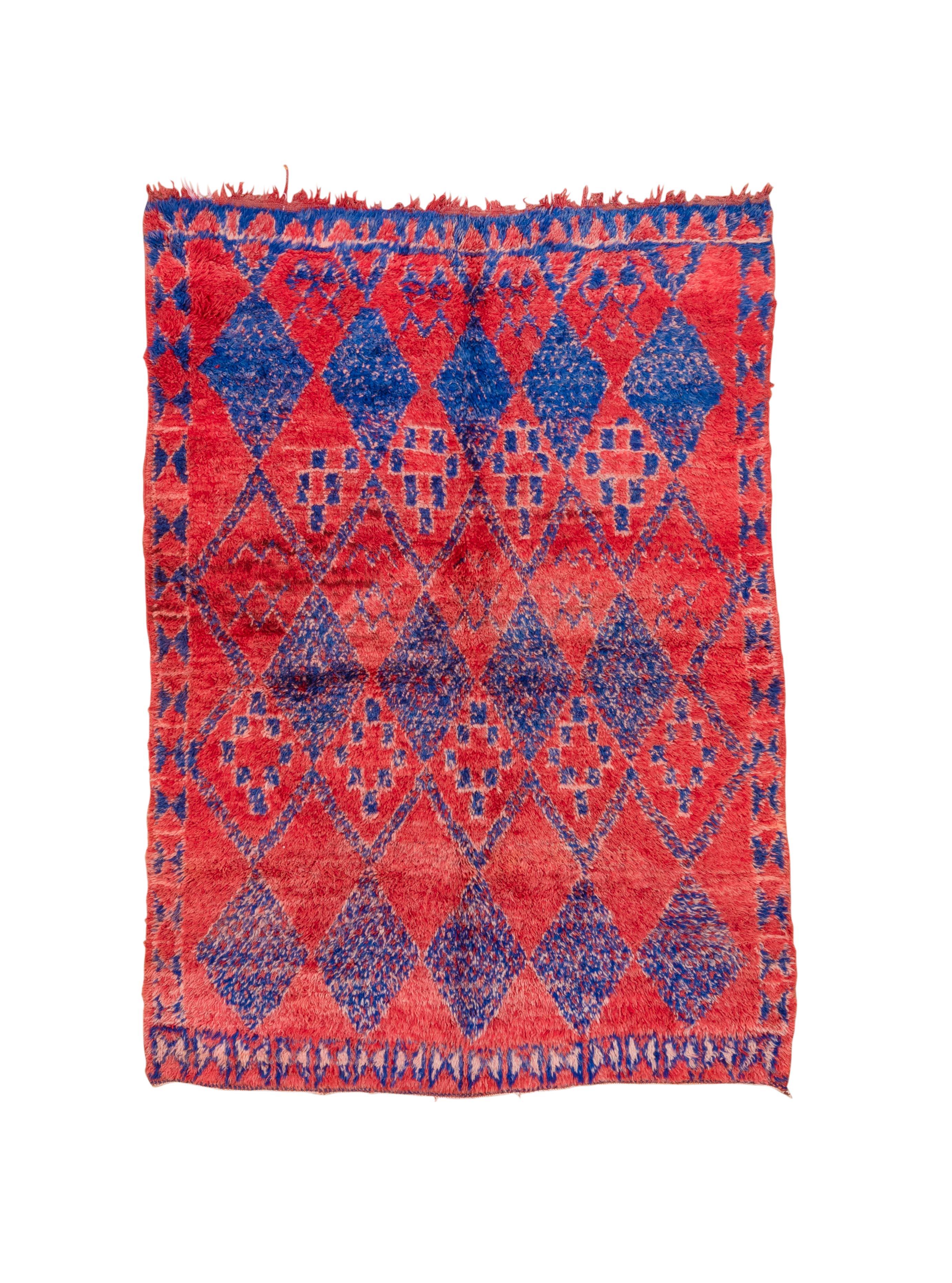 Bold Reg and Bright Navy Blue Diamond Pattern Moroccan Village Rug 1940s For Sale 1