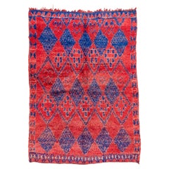 Bold Reg and Bright Navy Blue Diamond Pattern Moroccan Village Rug 1940s