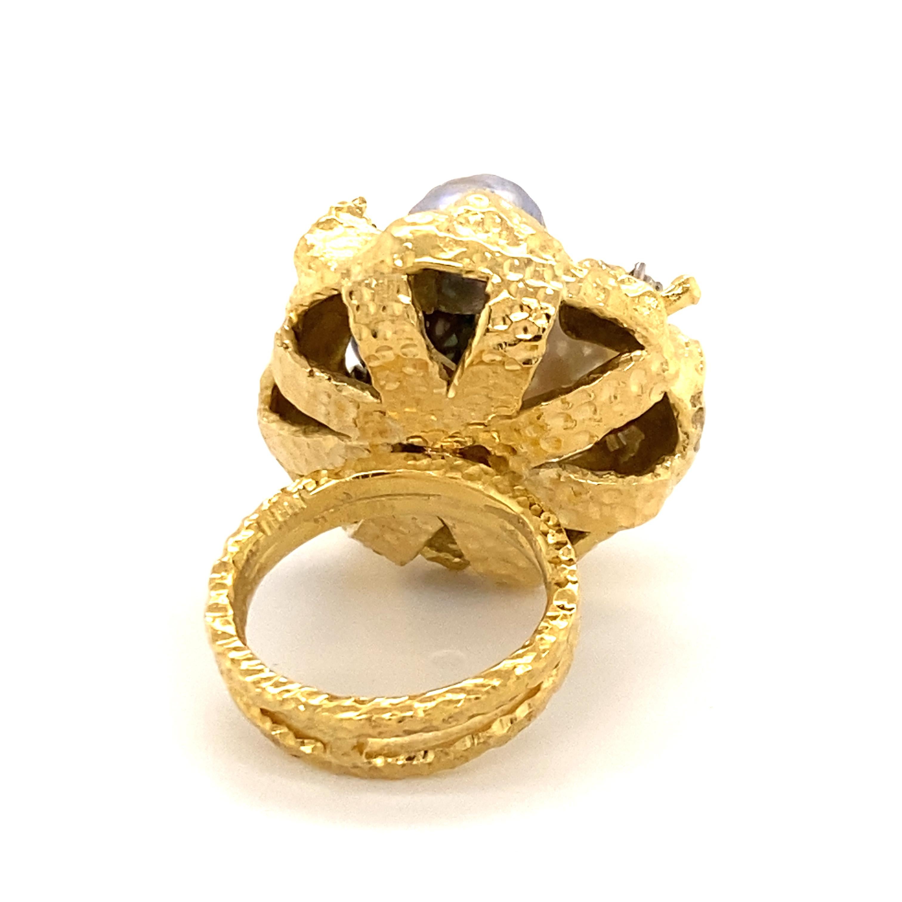 Bold Retro Ring in 14 Karat Yellow Gold with Cultured Pearls and Diamonds 4