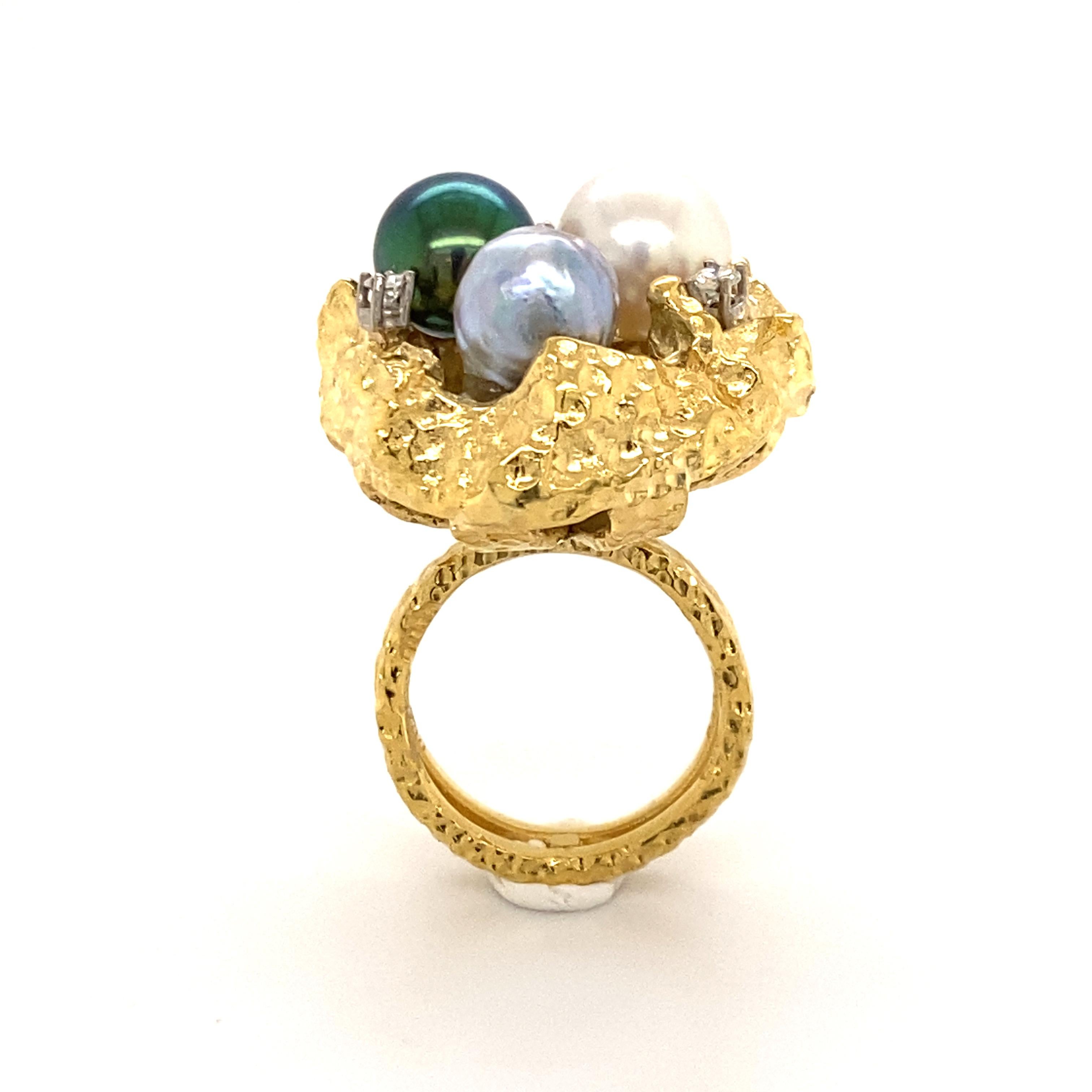 Bold Retro Ring in 14 Karat Yellow Gold with Cultured Pearls and Diamonds 7