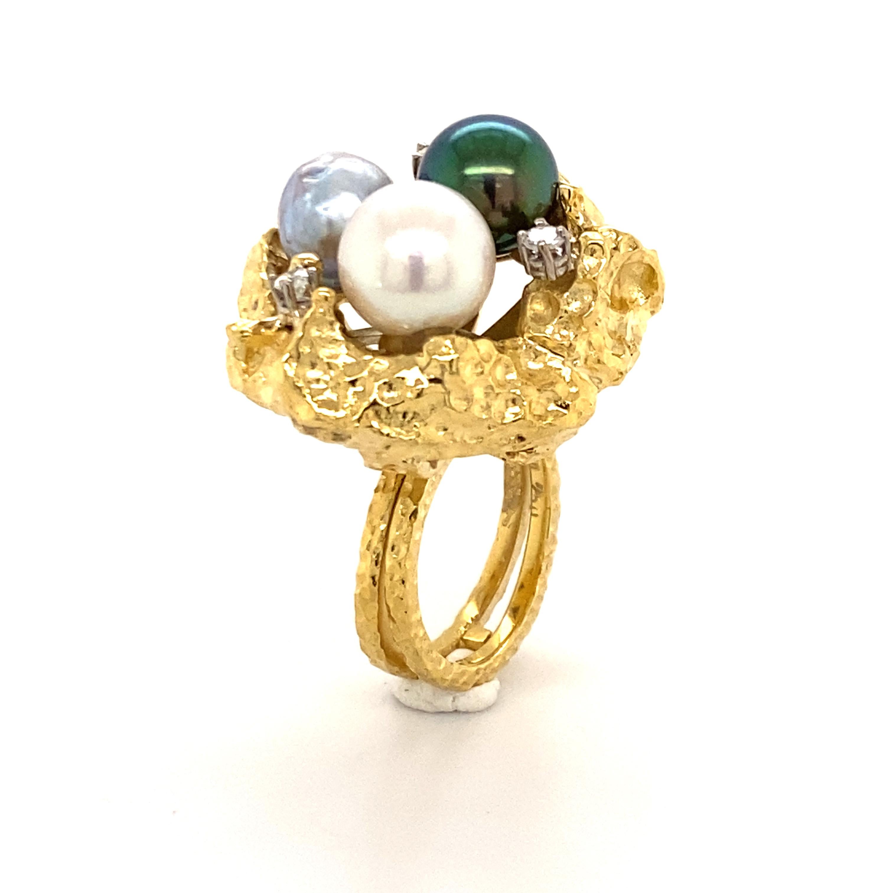Bold Retro Ring in 14 Karat Yellow Gold with Cultured Pearls and Diamonds 8