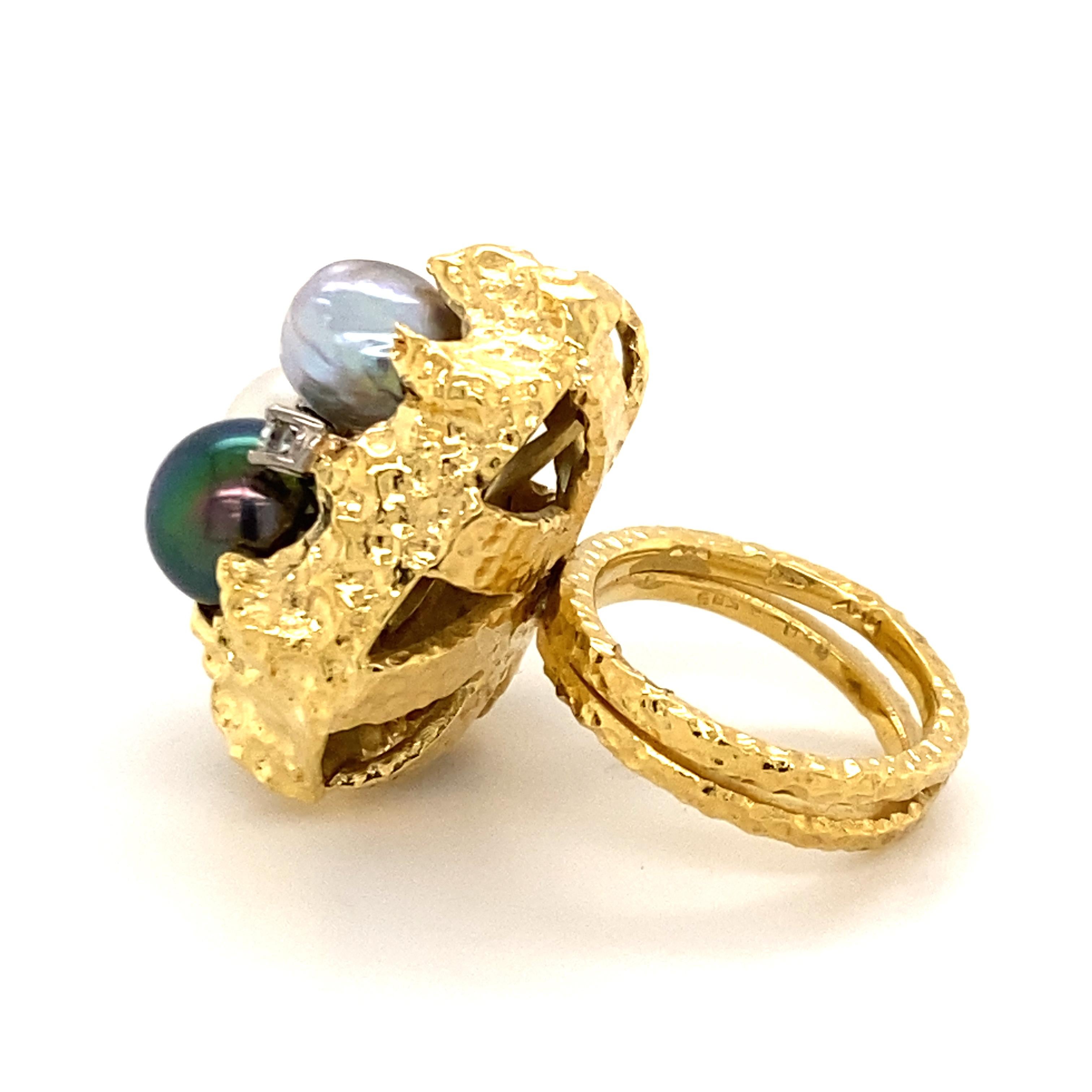 Bold Retro Ring in 14 Karat Yellow Gold with Cultured Pearls and Diamonds 9