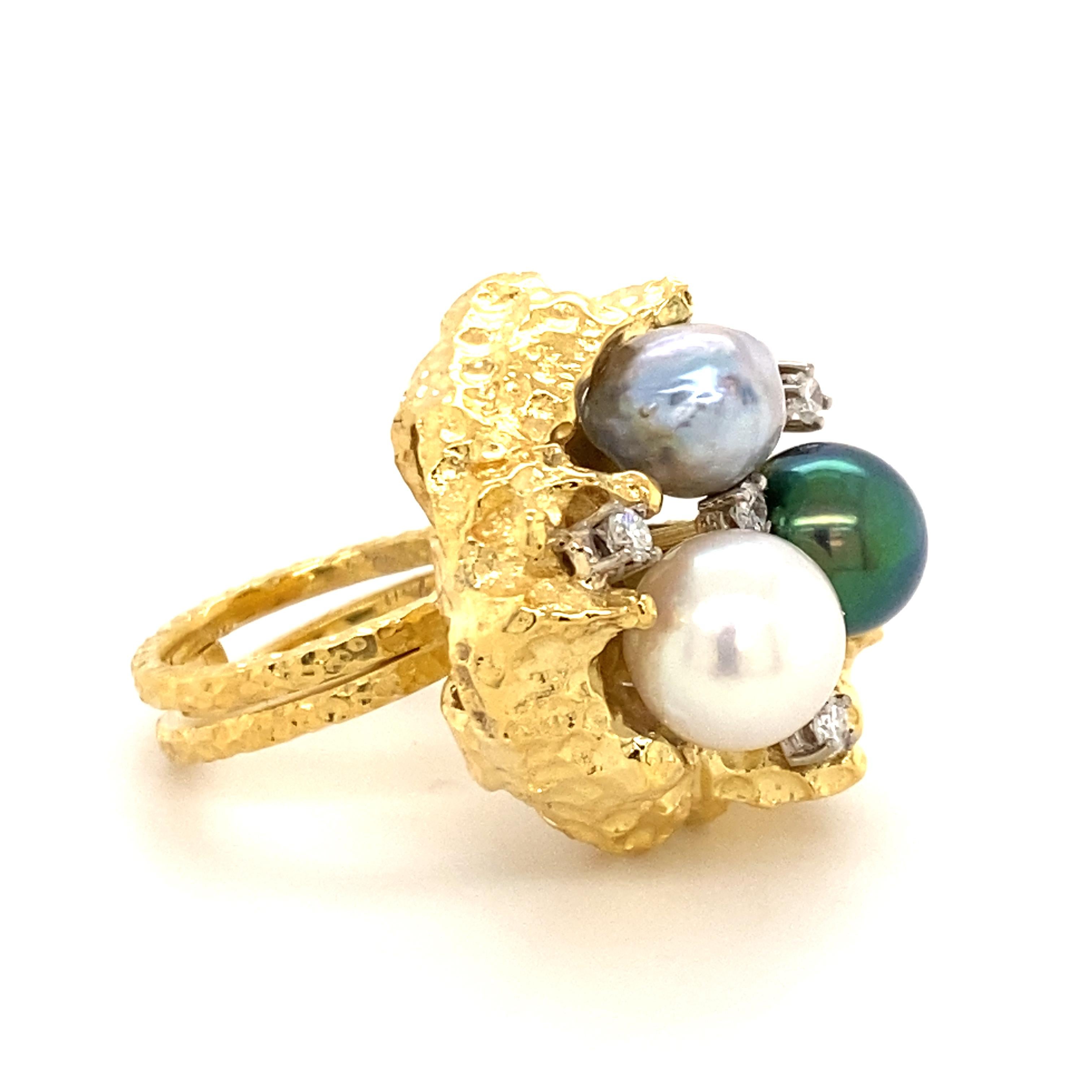 Bold Retro Ring in 14 Karat Yellow Gold with Cultured Pearls and Diamonds 10