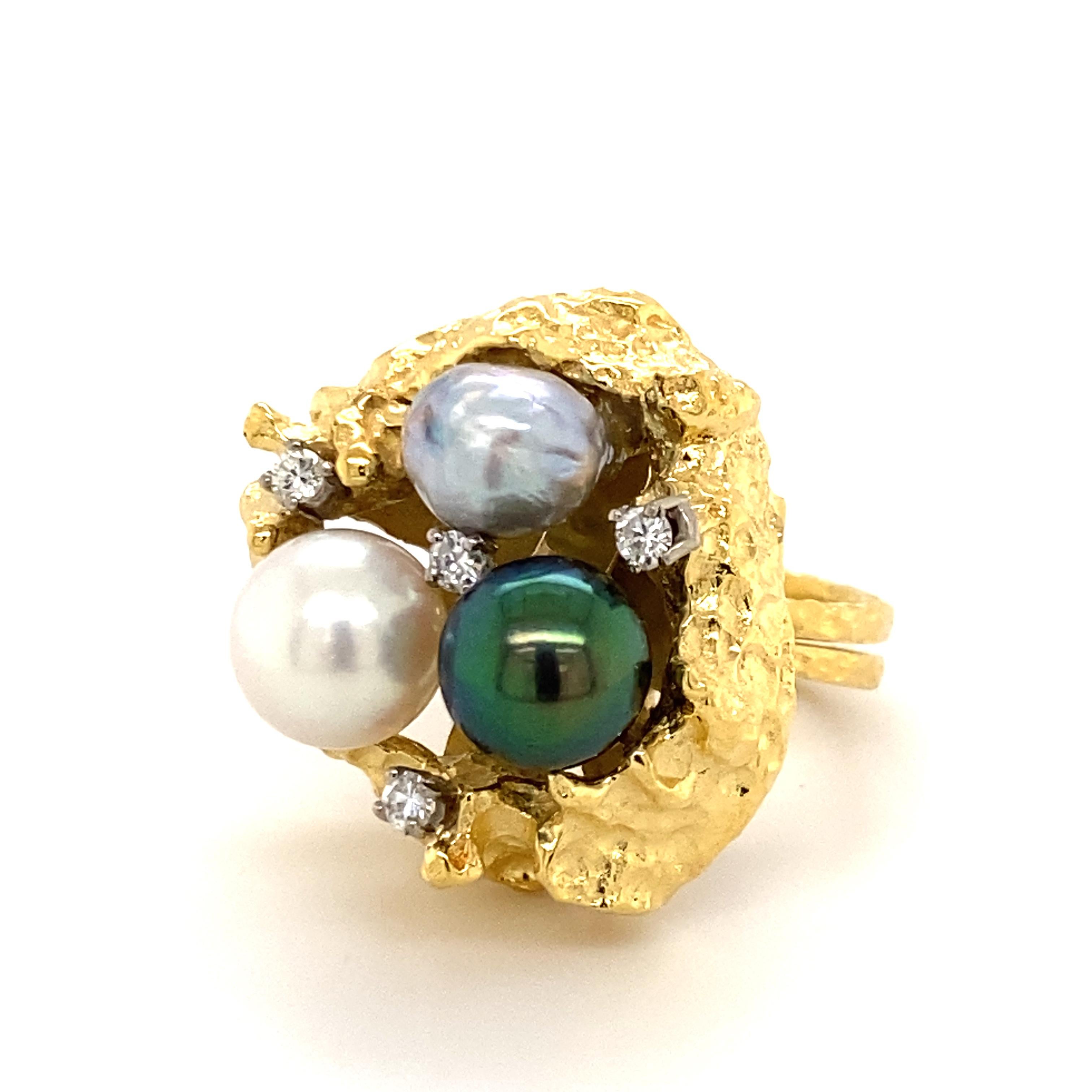 Round Cut Bold Retro Ring in 14 Karat Yellow Gold with Cultured Pearls and Diamonds
