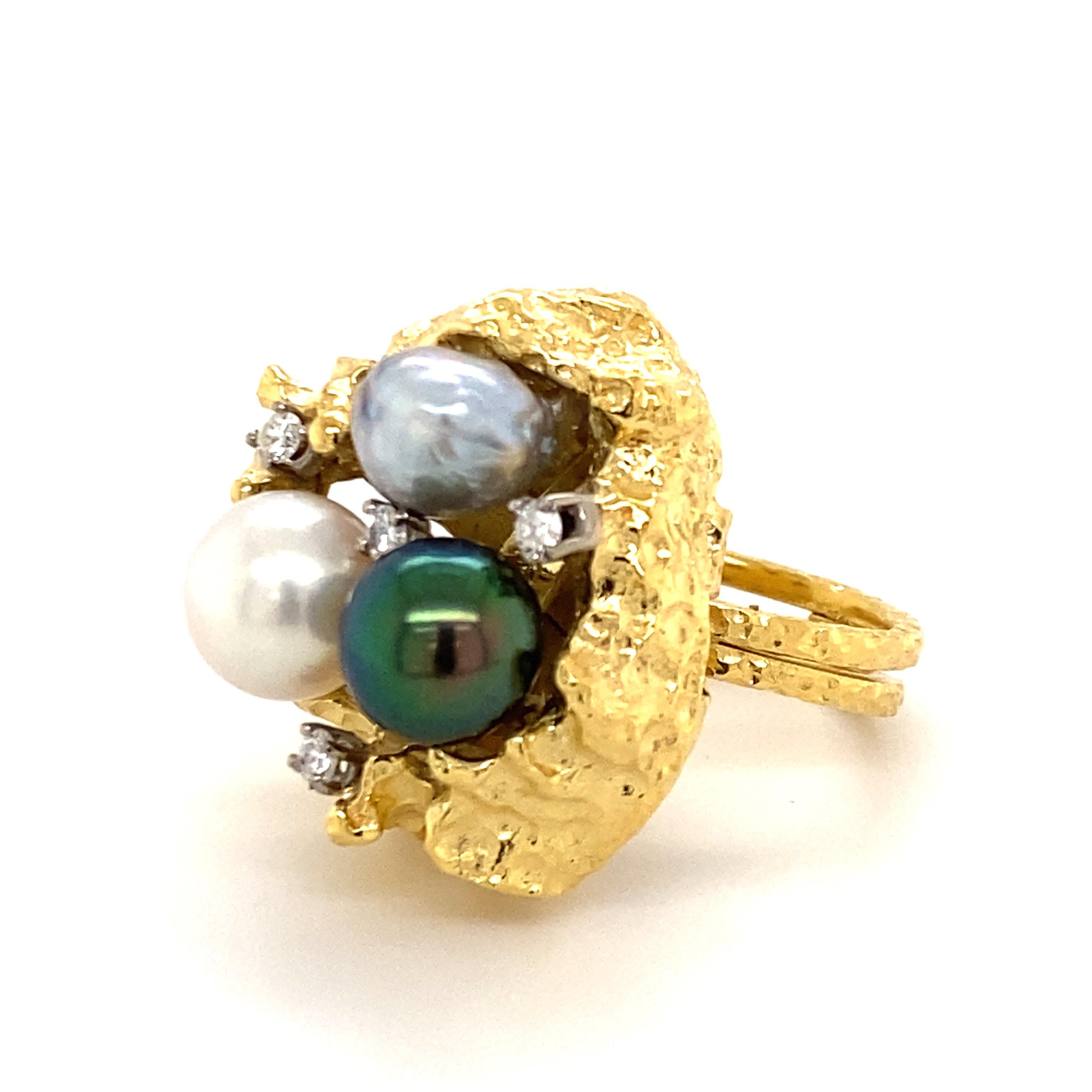 Women's or Men's Bold Retro Ring in 14 Karat Yellow Gold with Cultured Pearls and Diamonds