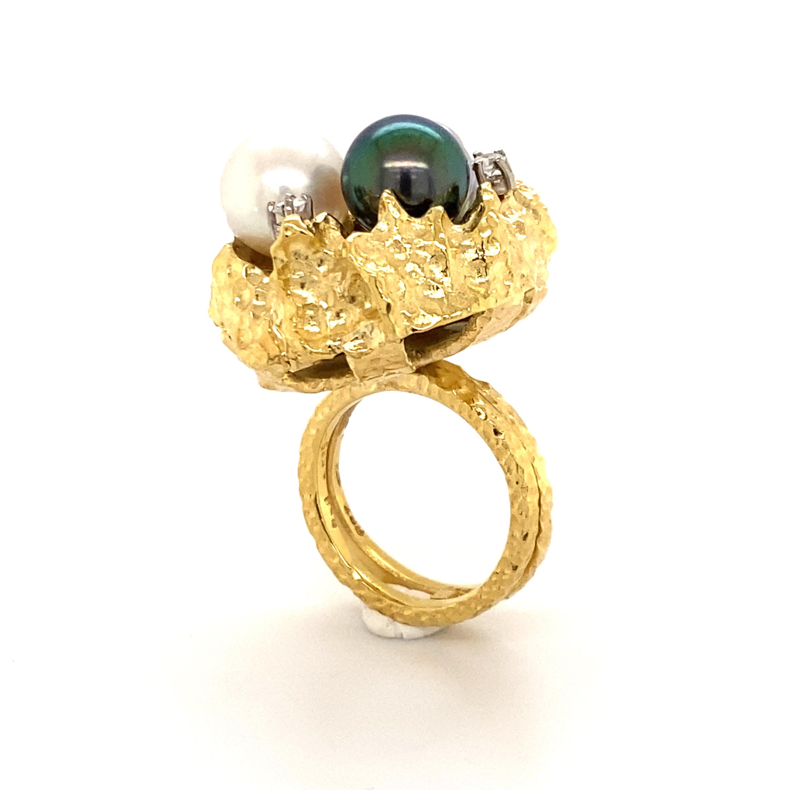 Bold Retro Ring in 14 Karat Yellow Gold with Cultured Pearls and Diamonds 1