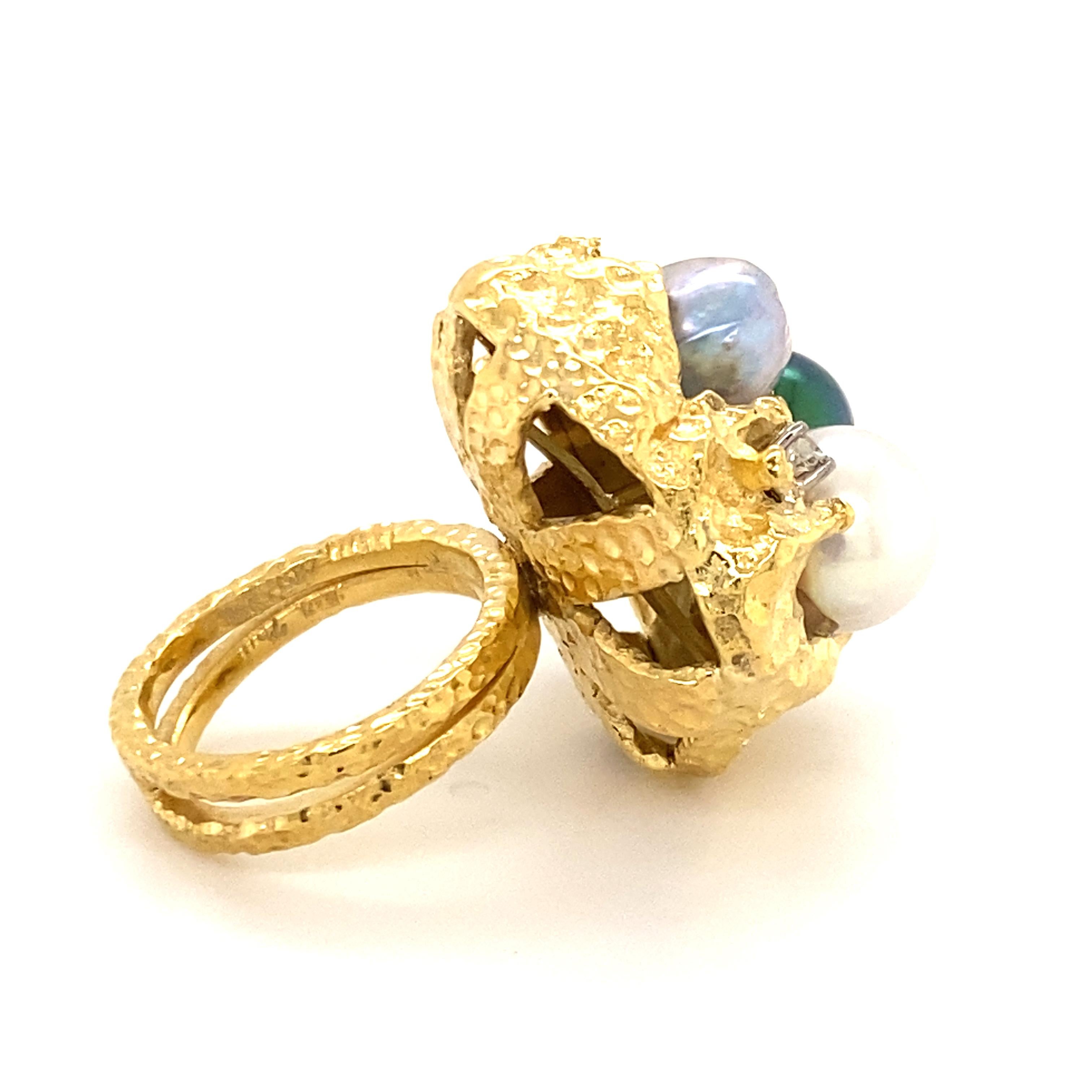 Bold Retro Ring in 14 Karat Yellow Gold with Cultured Pearls and Diamonds 2