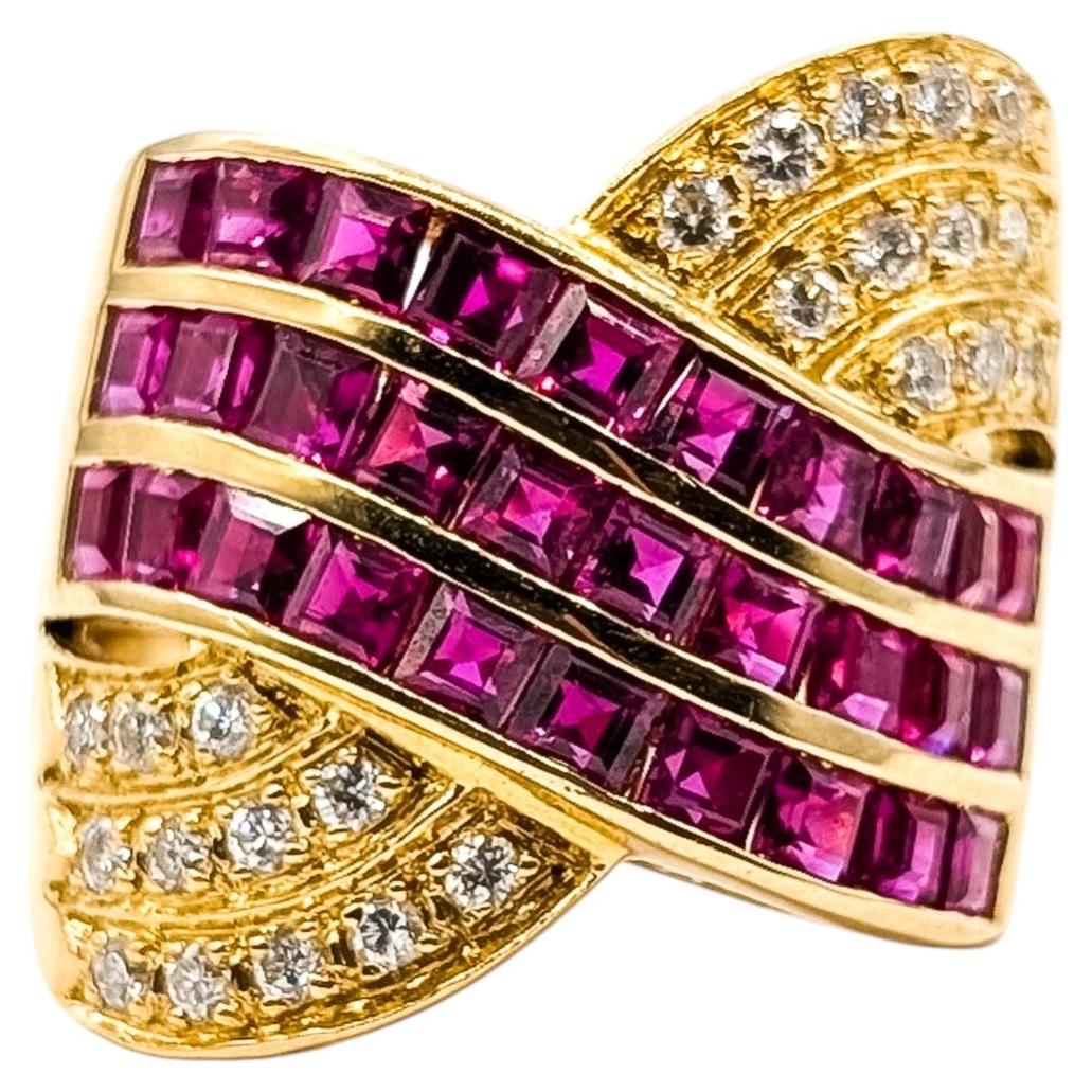 Bold Ruby & Diamond Ring in 18k Yellow Gold