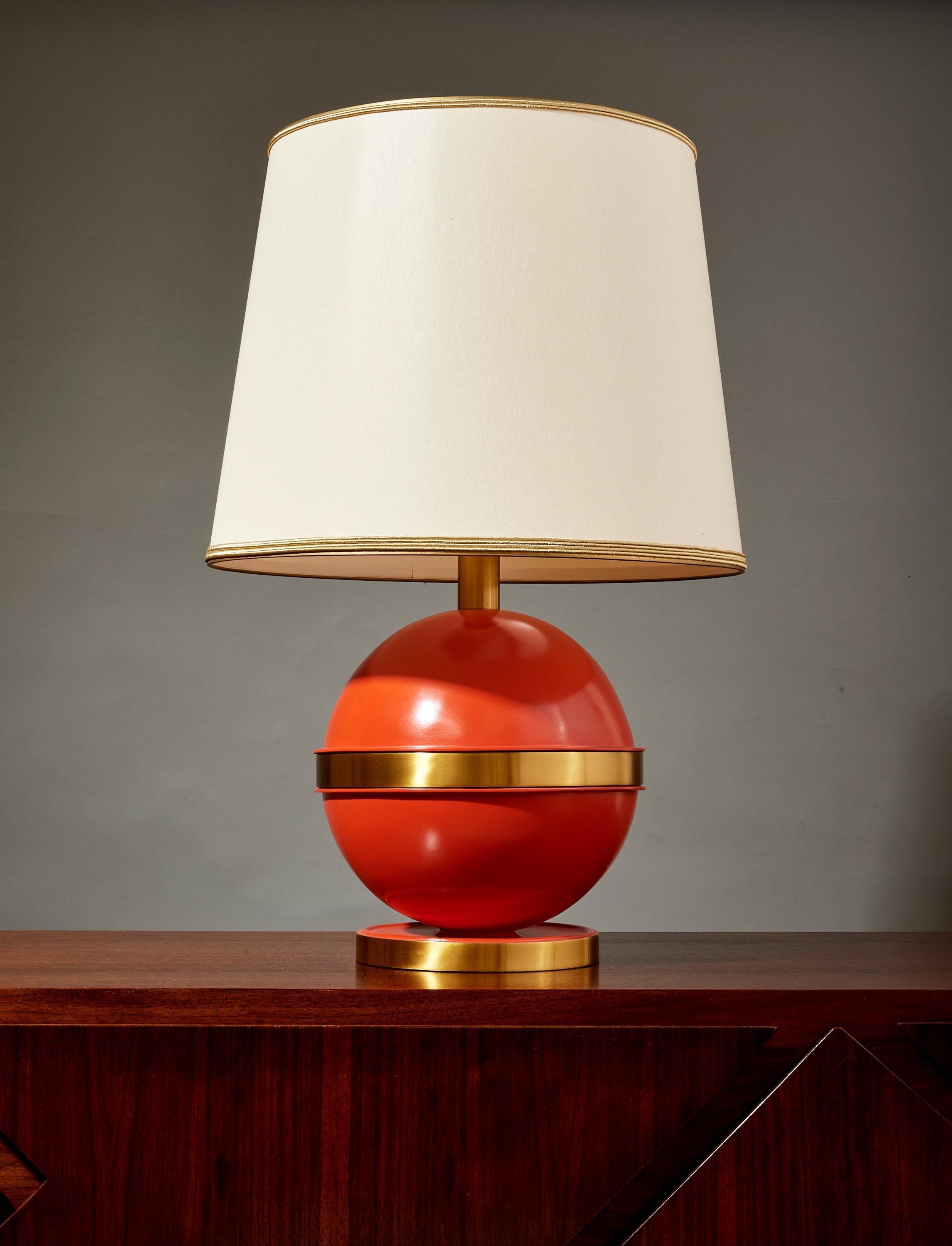 Mid-Century Modern Bold Spherical Bright Orange Nautical Brass Table Lamp, France 1970's