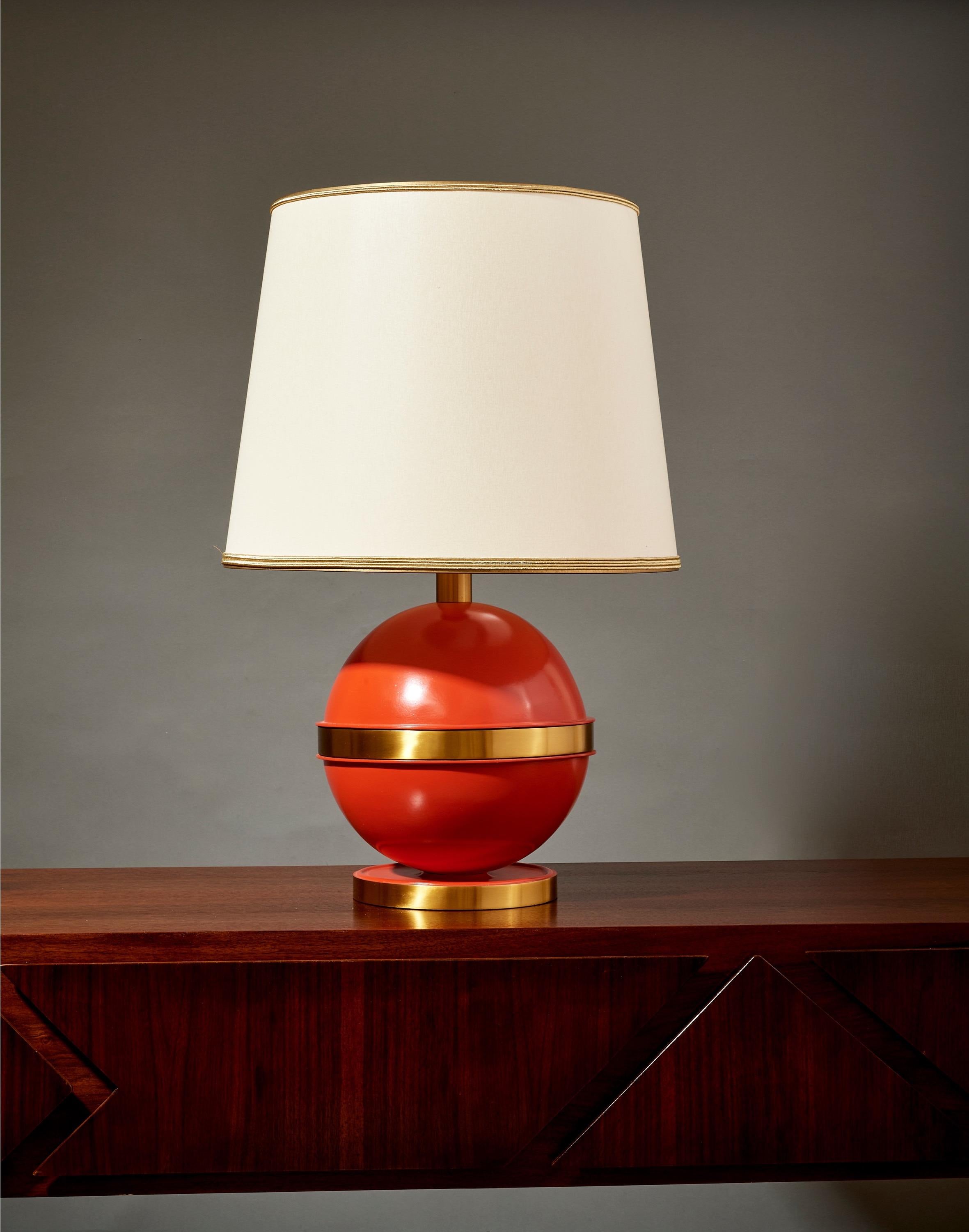 French Bold Spherical Bright Orange Nautical Brass Table Lamp, France 1970's