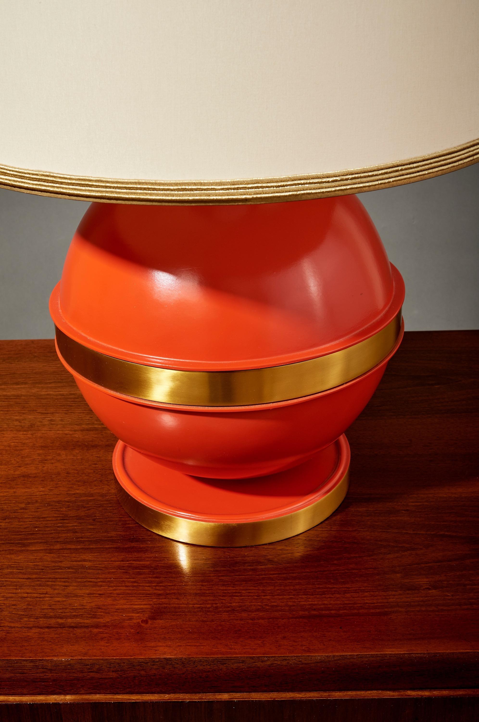 Late 20th Century Bold Spherical Bright Orange Nautical Brass Table Lamp, France 1970's