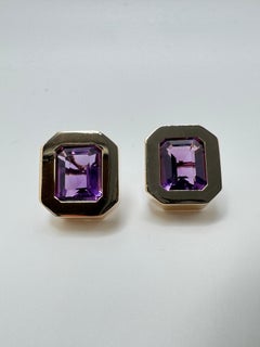 Bold Square Amethyst Dangle Earrings in 14K Yellow Gold, Art Deco, USA
