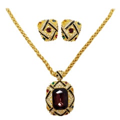 Vintage Bold Statement Rope Necklace and Clip On Earrings Set, Jeweled, Enamel, in Gold