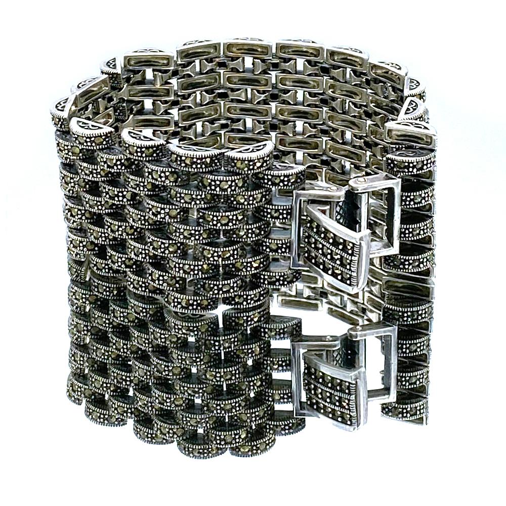 Bracelet à maillons audacieux de style Art déco en argent sterling et Marcasite en vente 1