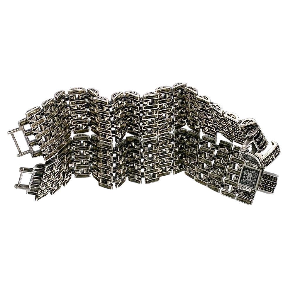 Bracelet à maillons audacieux de style Art déco en argent sterling et Marcasite en vente 3