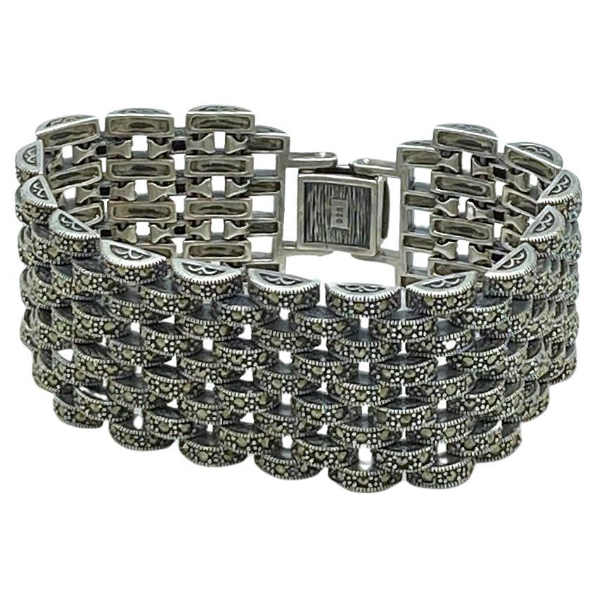 Bold Sterling and Marcasite Art Deco Style Link Bracelet