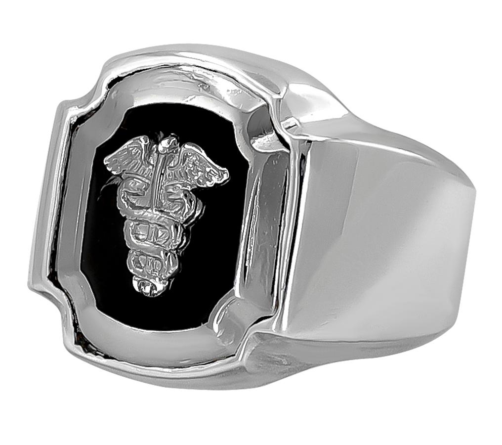 Bold Sterling Caduceus Onyx Ring In Excellent Condition For Sale In New York, NY